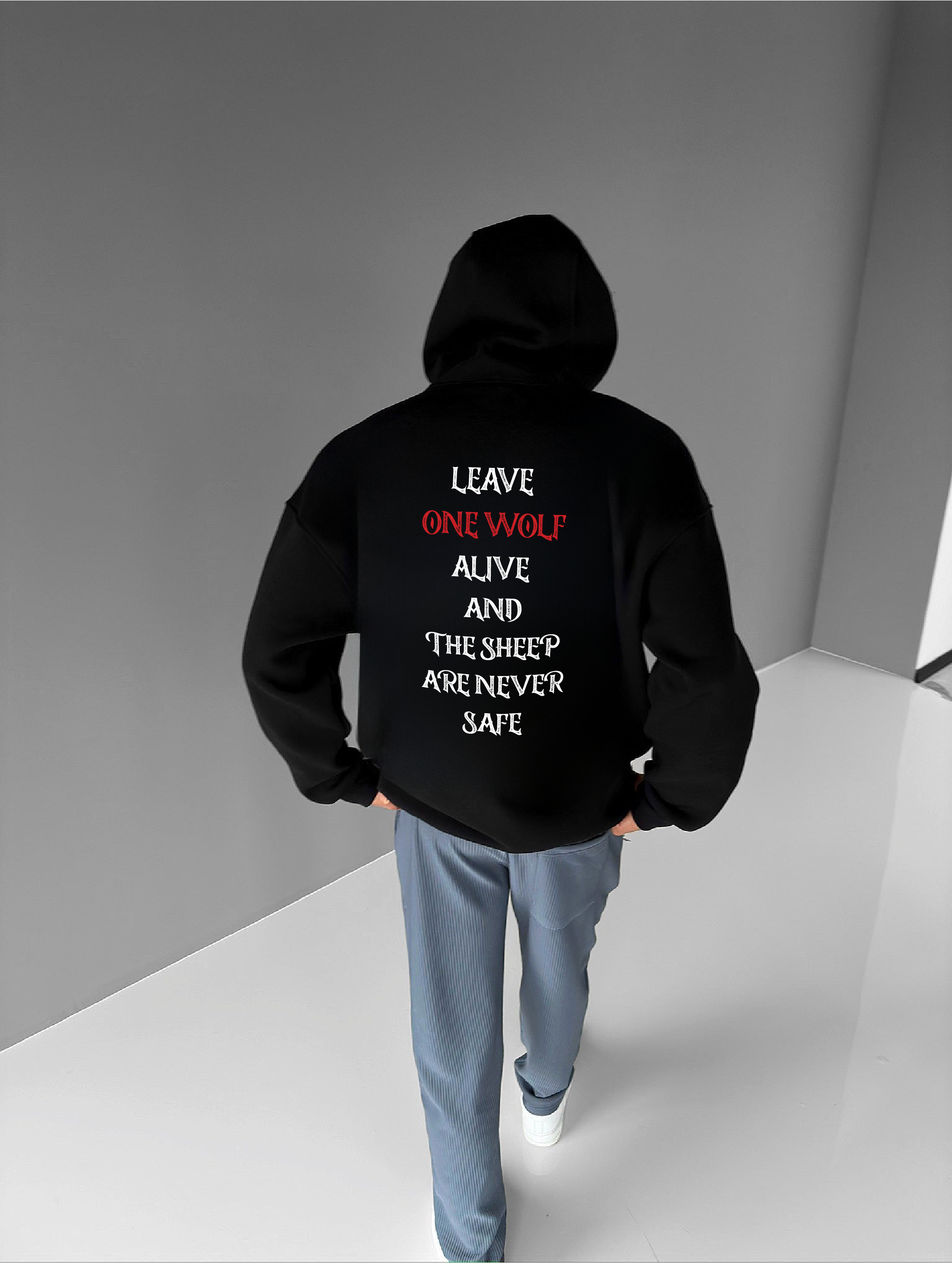 Black "Wolf" Printed Oversize Hoodie