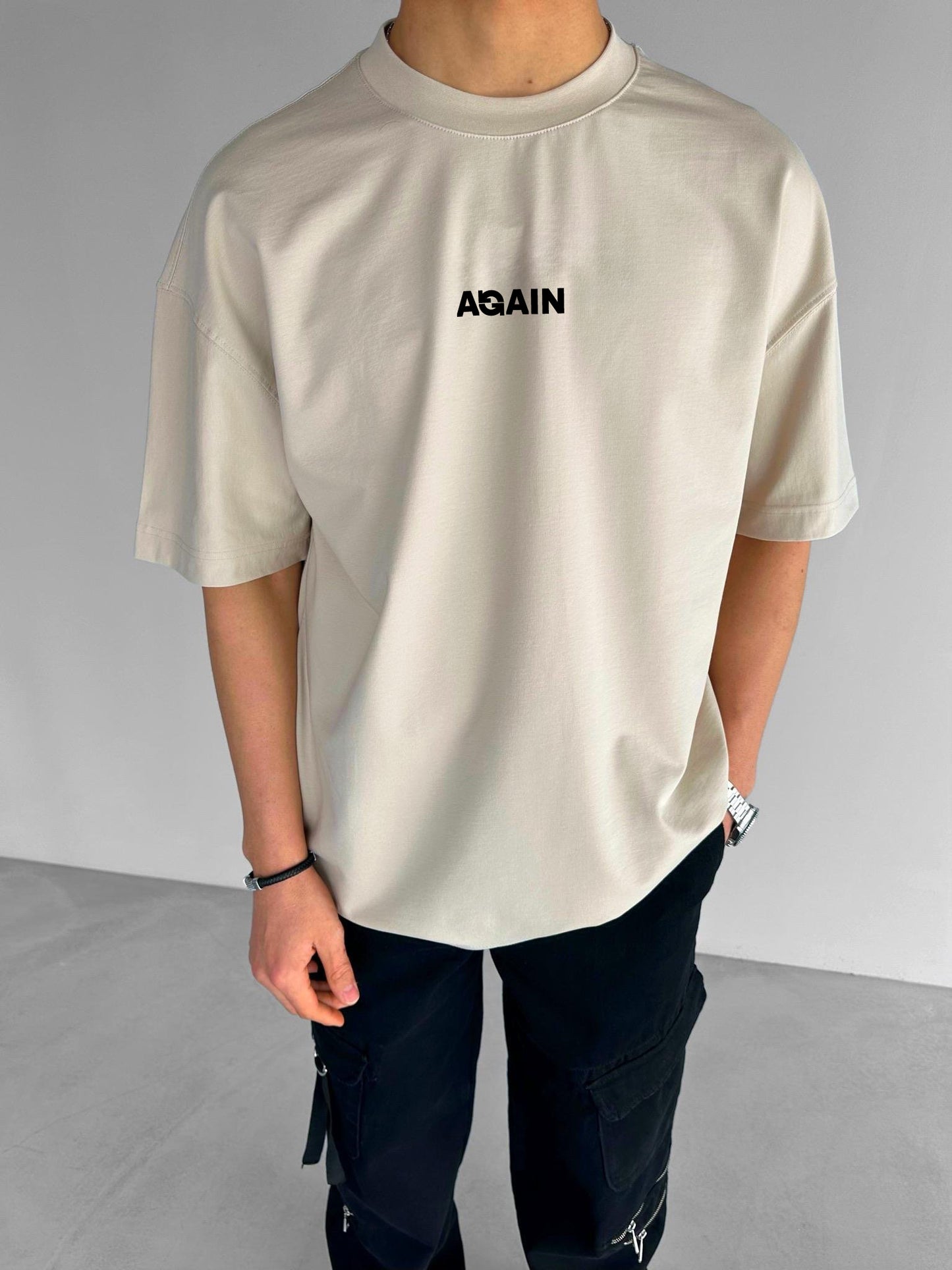 Beige "Again" Printed Over size T-Shirt