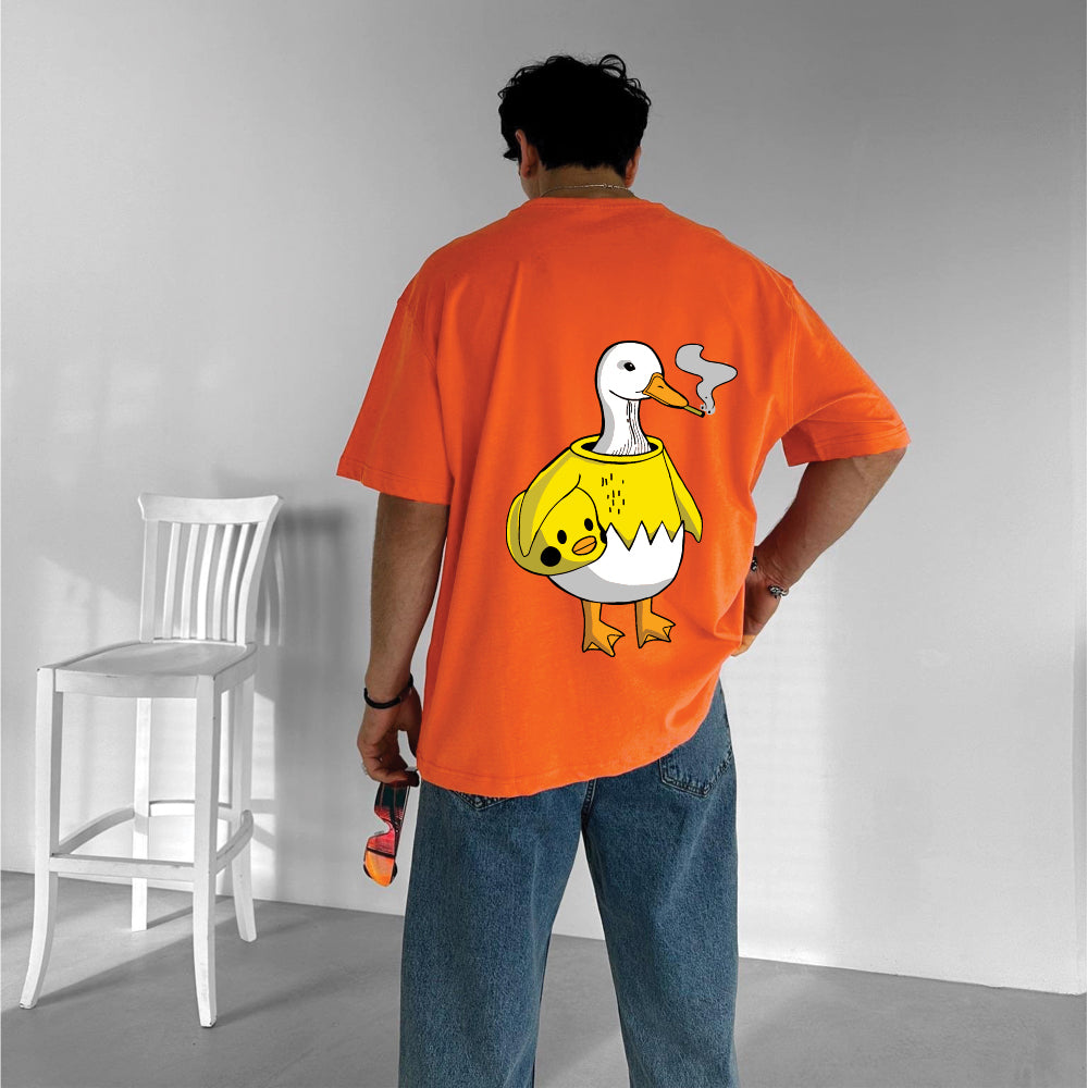 Orange "Bad Duck" Printed Over size T-Shirt