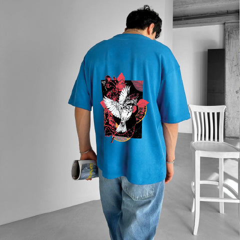 Light Blue "Bird" Printed Over size T-Shirt