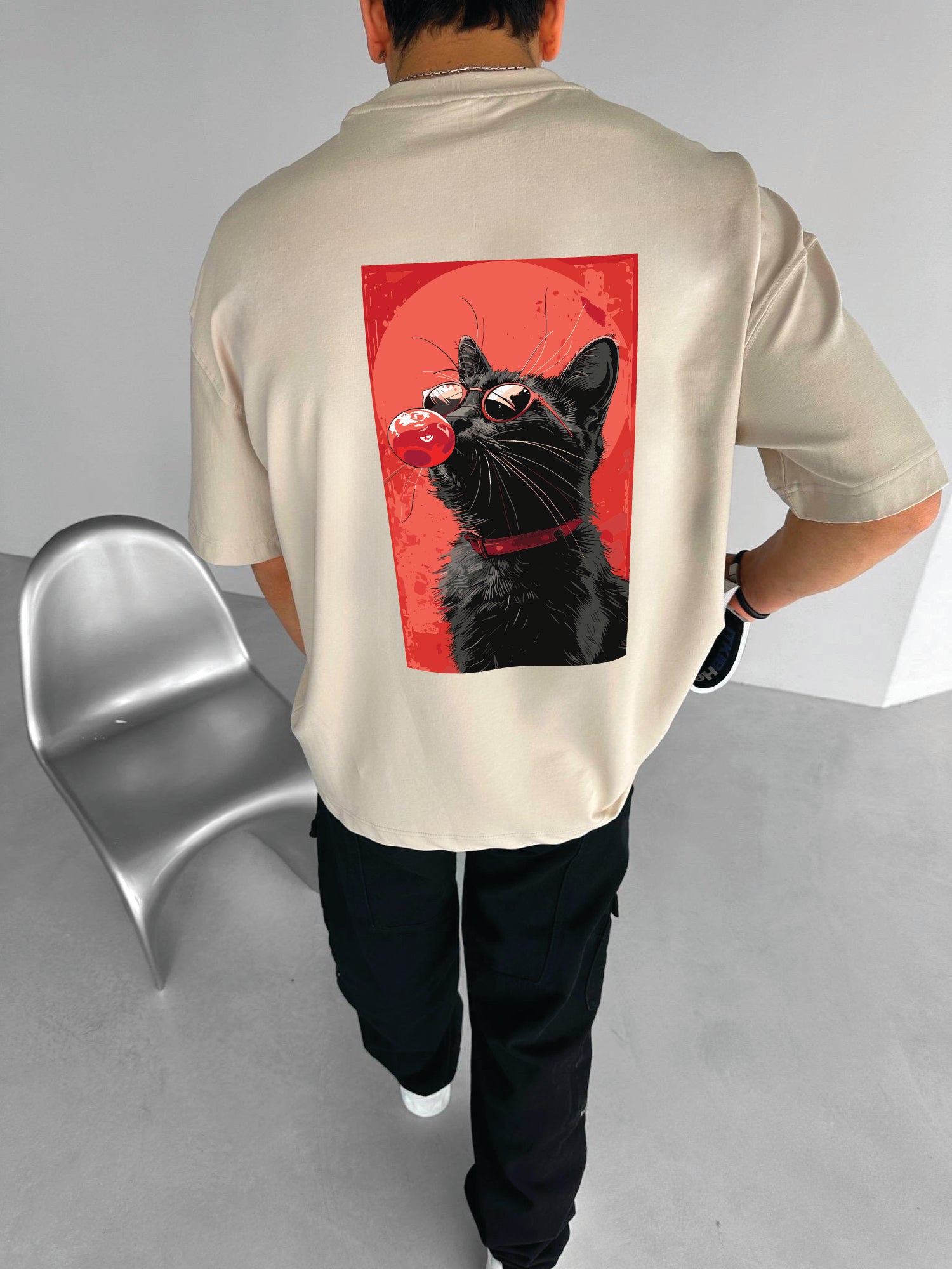 Beige "Cool cat" Printed Over size T-Shirt