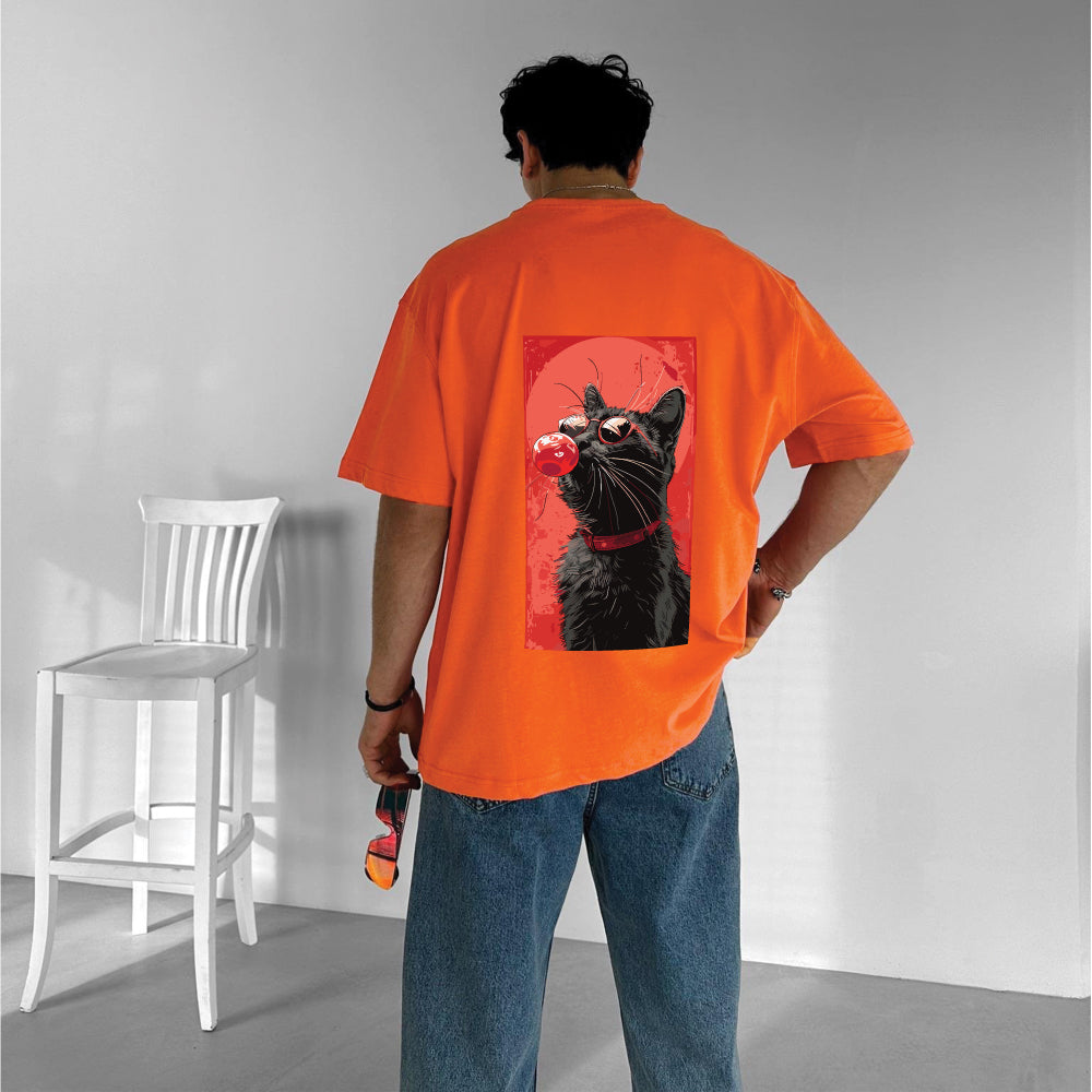 Orange "Cool Cat" Printed Over size T-Shirt