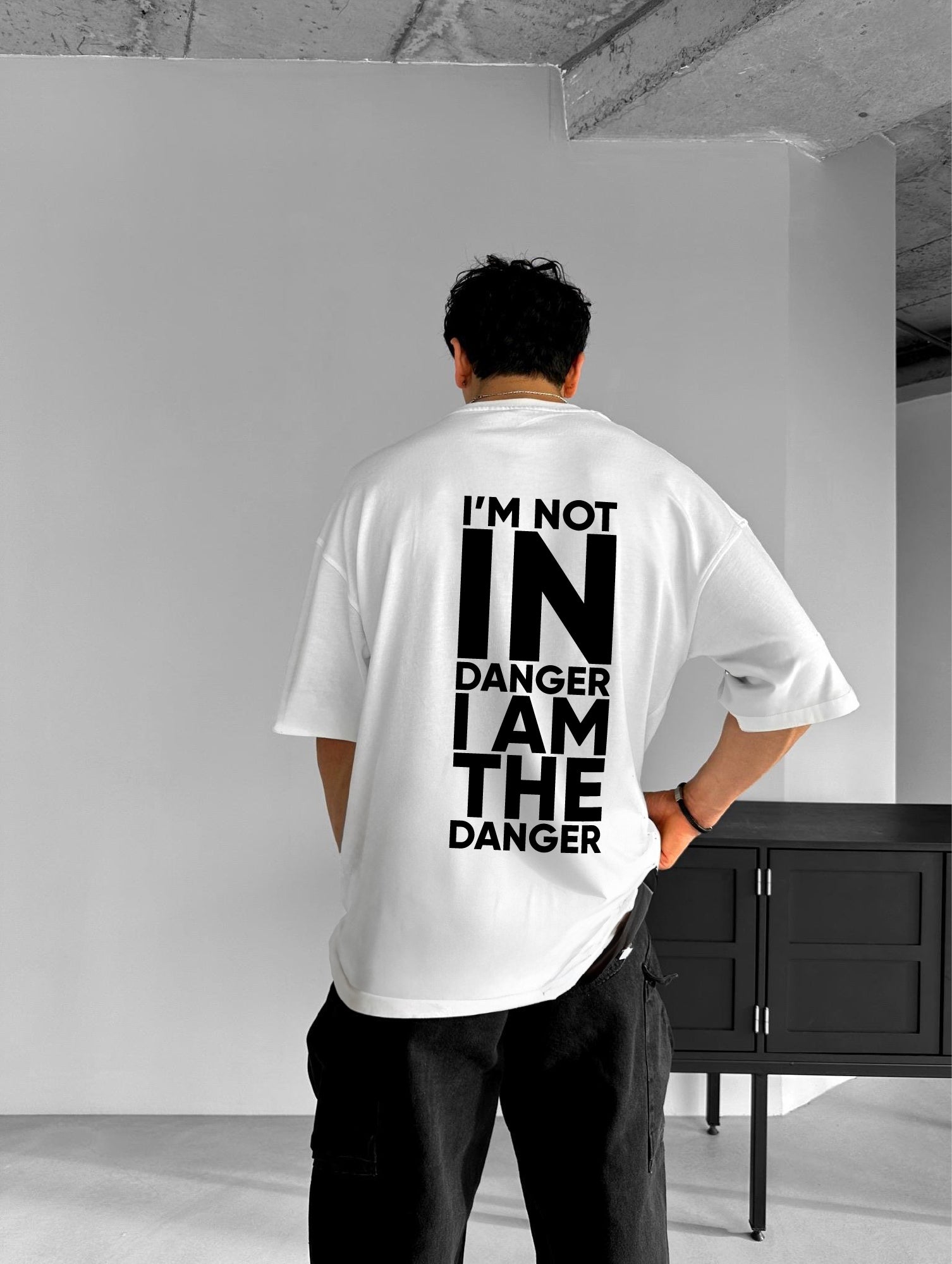 White "Danger" Printed Over size T-Shirt