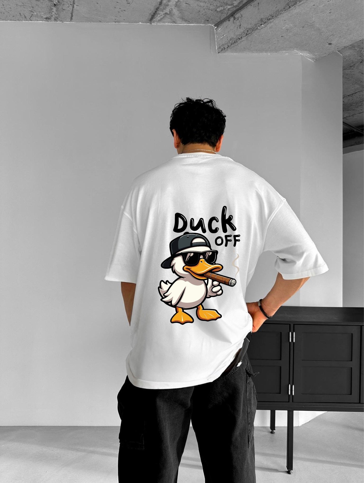 White "Duck off" Printed Over size T-Shirt