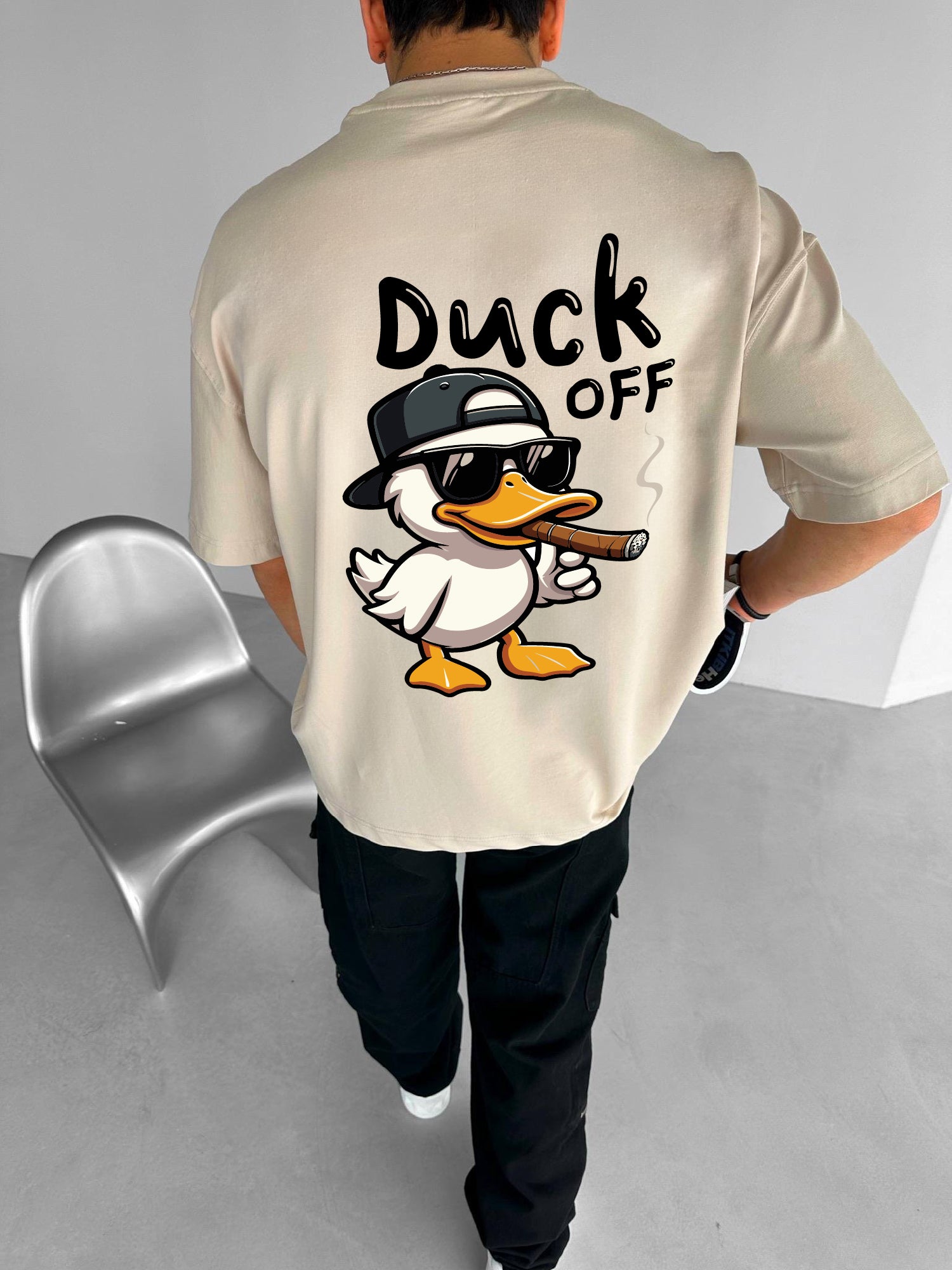 Beige "Duck off" Printed Over size T-Shirt