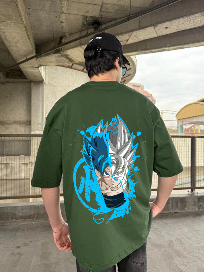 Army Green "Goku" Printed Over size T-Shirt