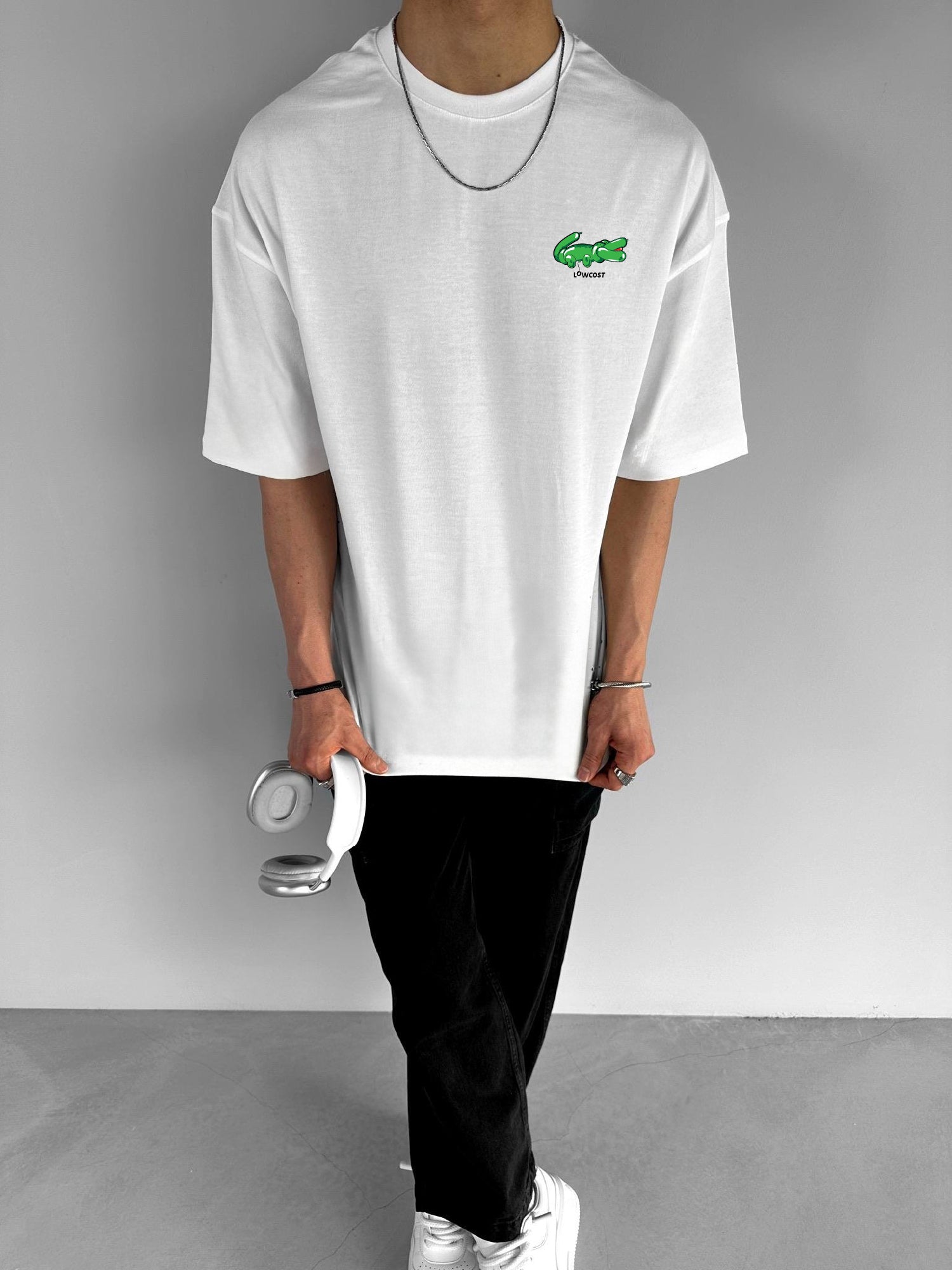 White "Lowcost 2" Printed Over size T-Shirt