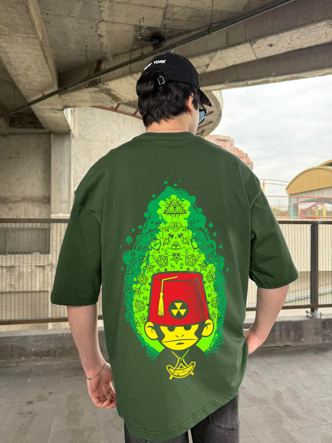 Army Green "Monkey Basha" Printed Over size T-Shirt