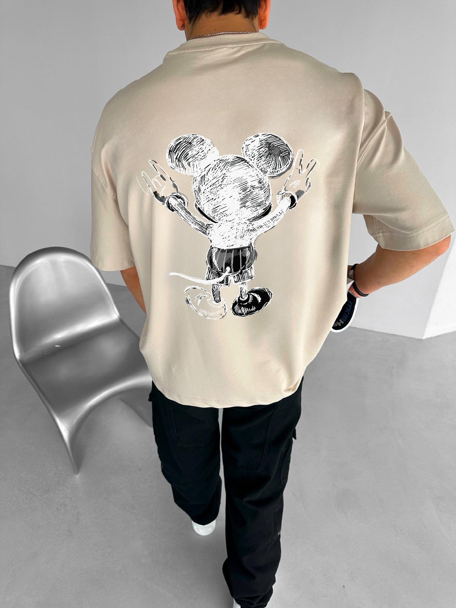 Beige "Mouse" Printed Over size T-Shirt