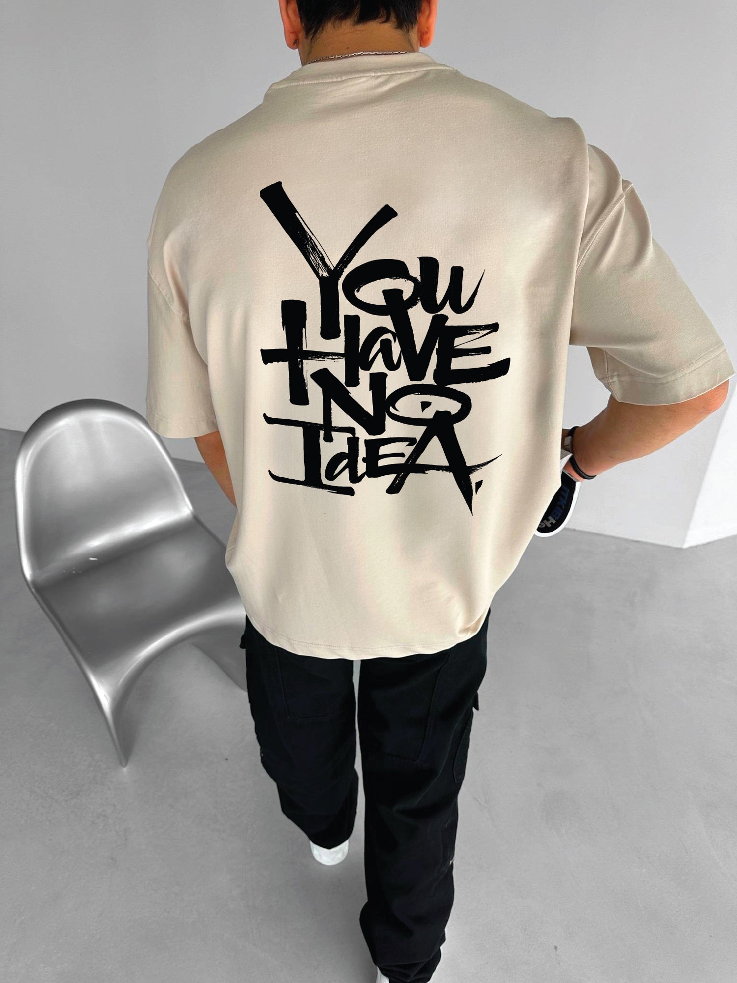 Beige "No Idea" Printed Over size T-Shirt