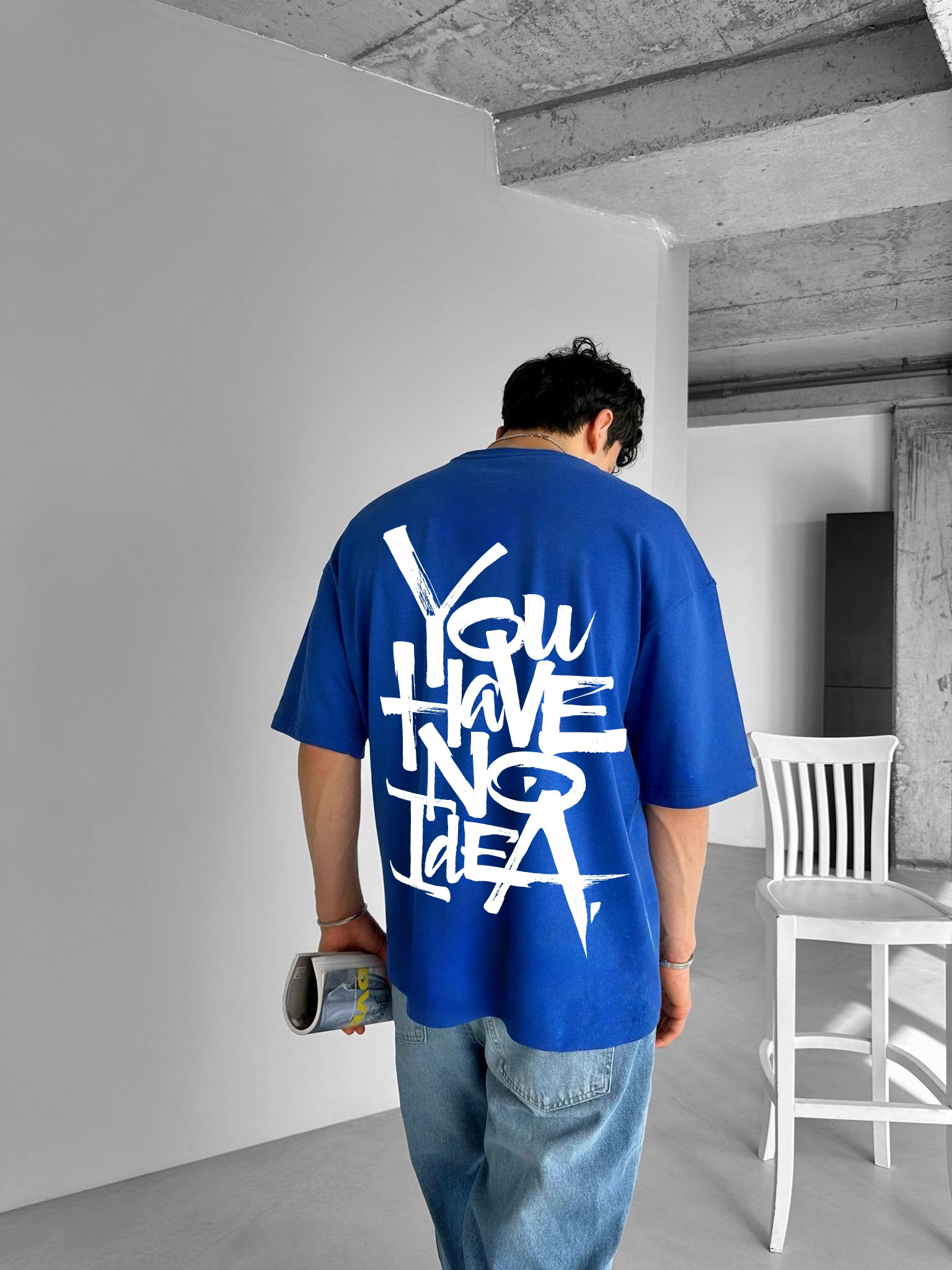 Blue "No Idea" Printed Over size T-Shirt
