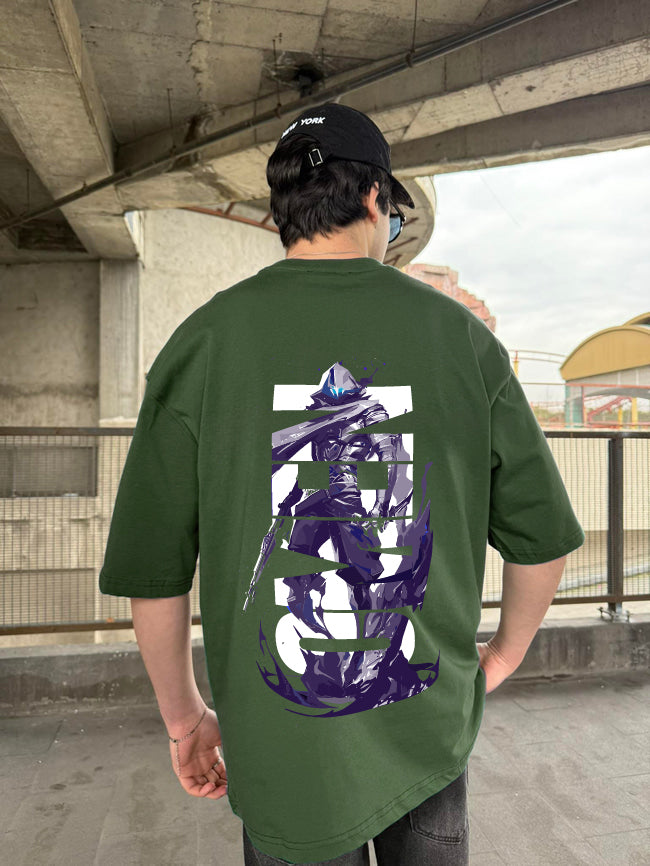 Army Green "Omen" Printed Over size T-Shirt
