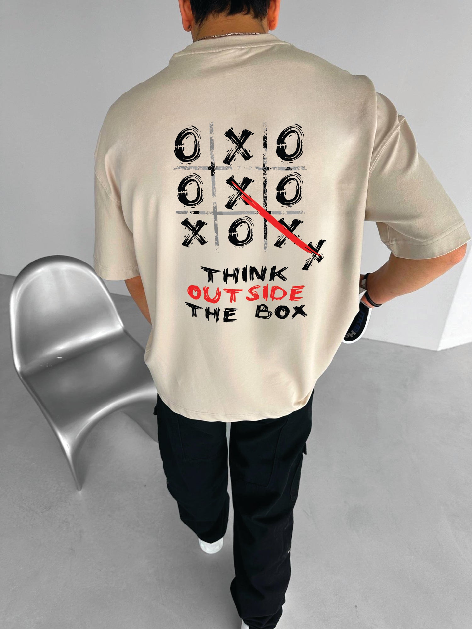 Beige "outside" Printed Over size T-Shirt