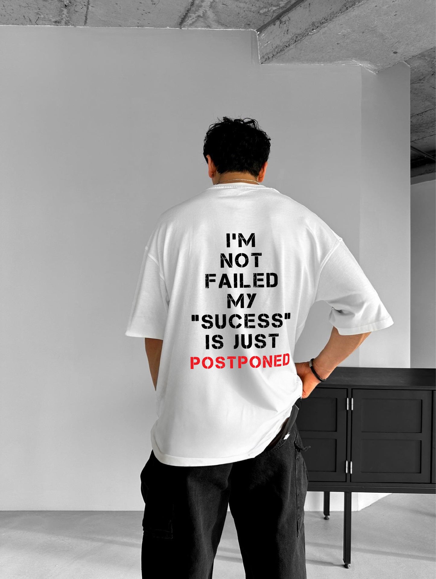 White "Postponed" Printed Over size T-Shirt