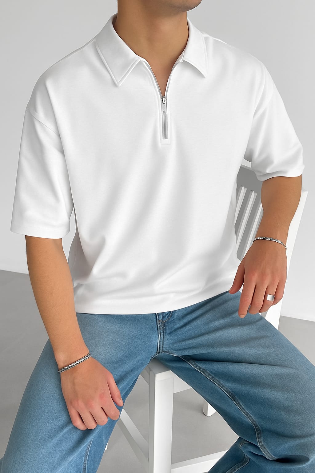 White Basic Half Zipper T-Shirt