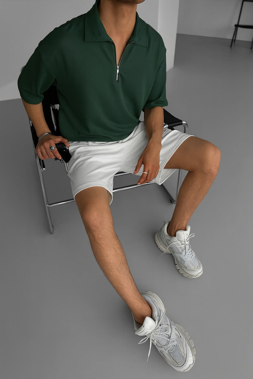 Olive-Green Basic Half Zipper T-Shirt