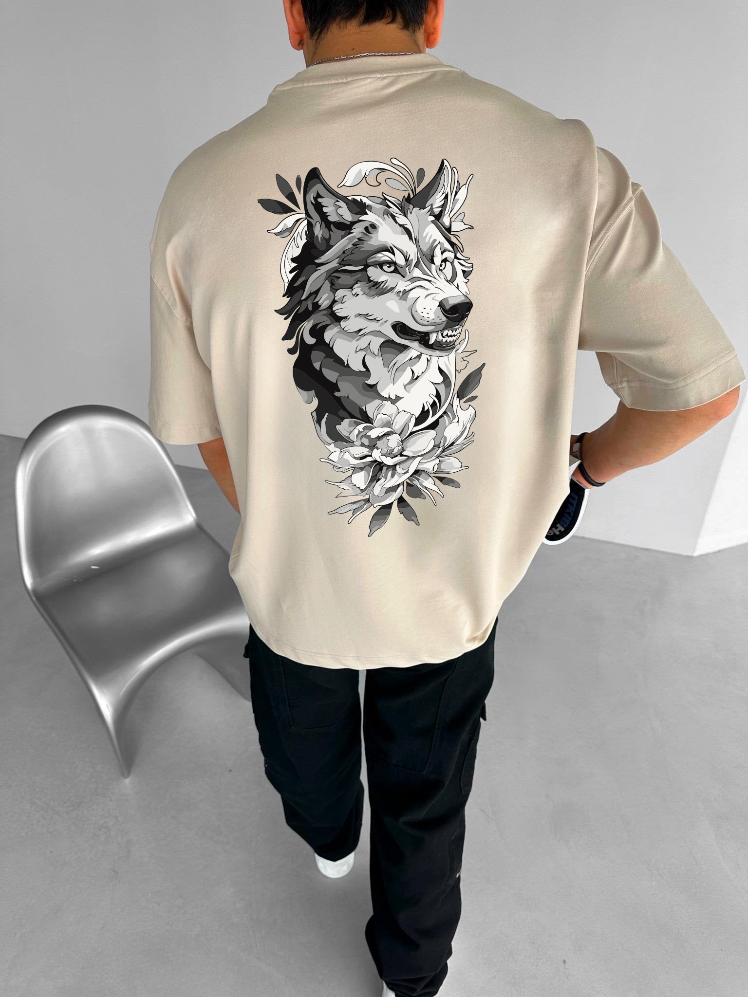 Beige "Wolf Flow" Printed Over size T-Shirt