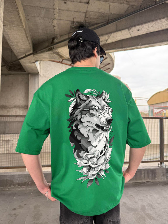 Green "Wolf Flow" Printed Over size T-Shirt