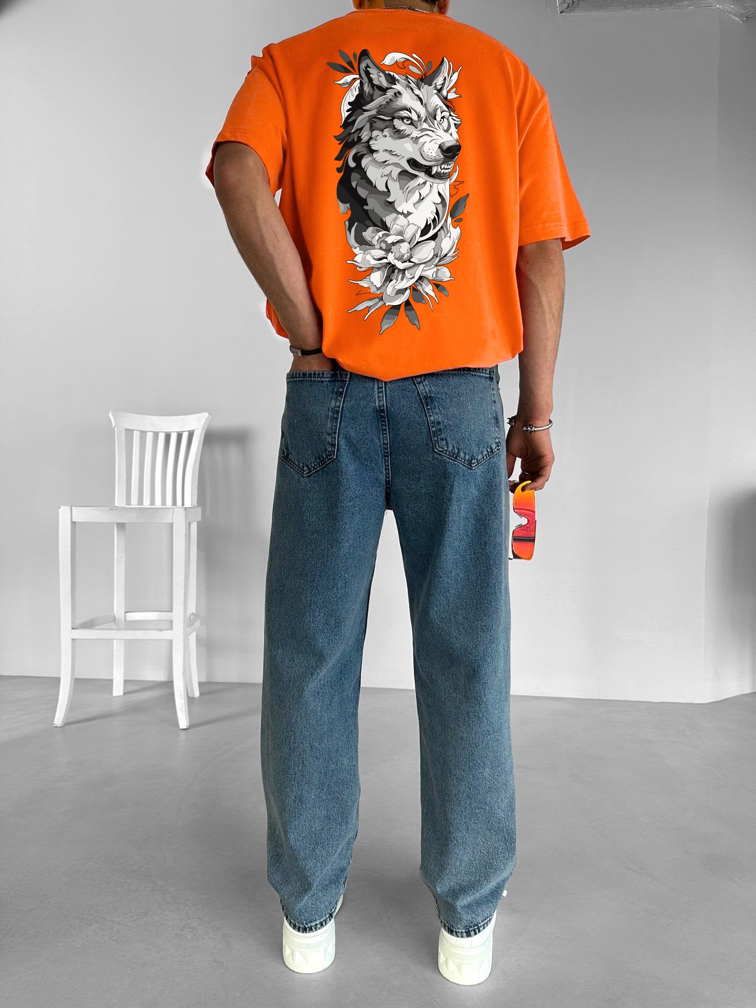 Orange "Wolf Flow" Printed Over size T-Shirt