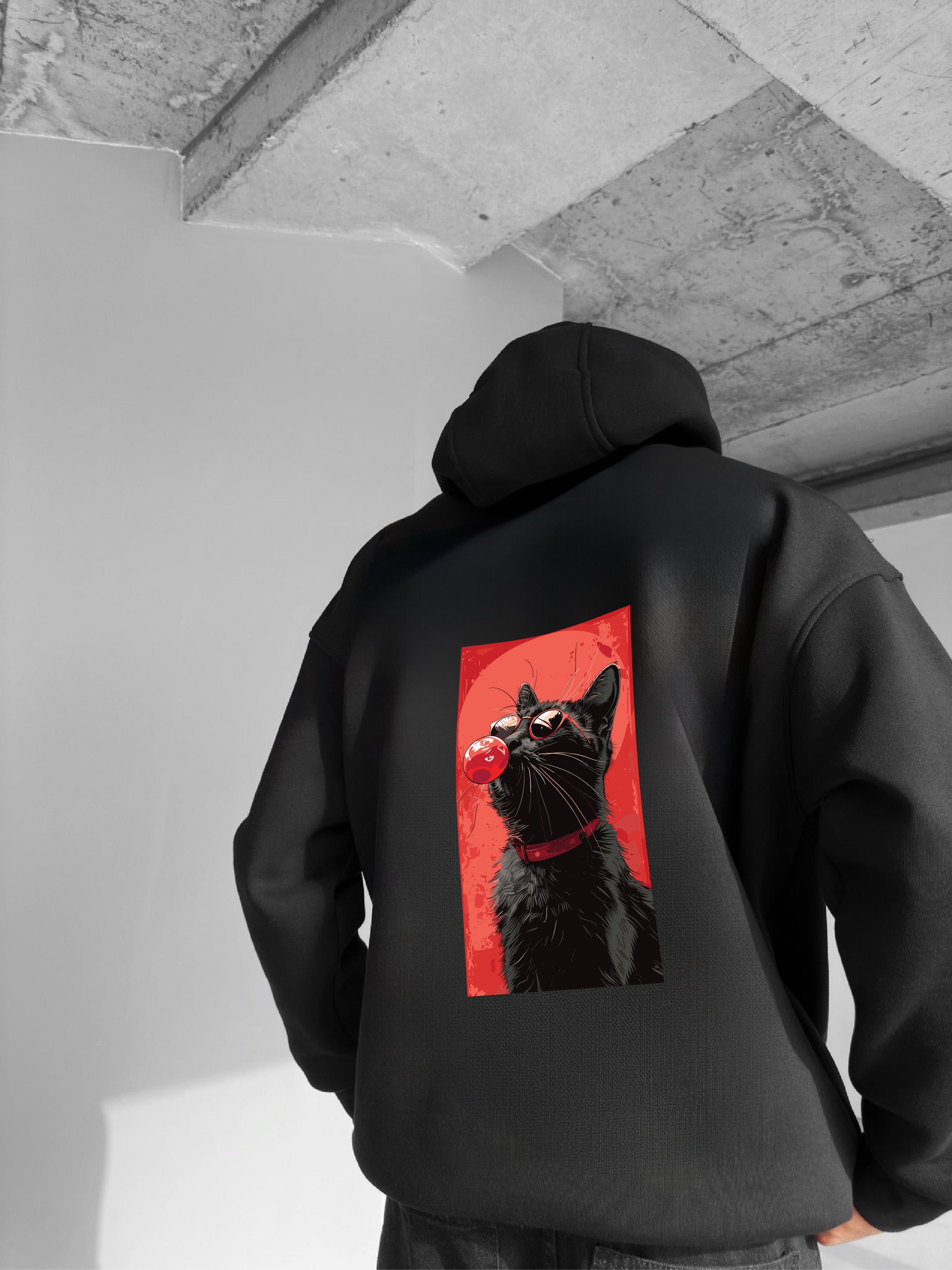 Black "Cool Cat" Printed Oversize Hoodie