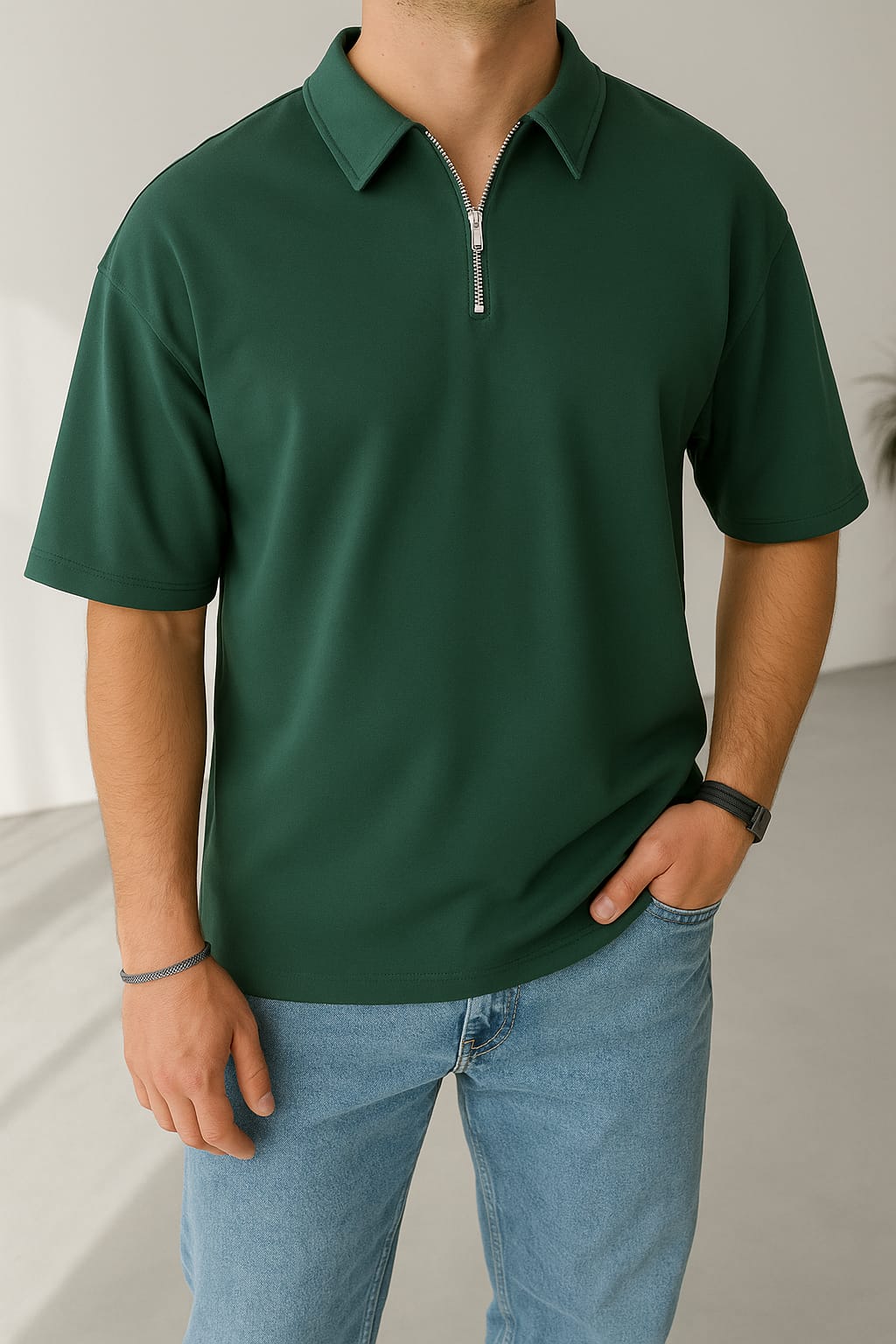 Olive-Green Basic Half Zipper T-Shirt