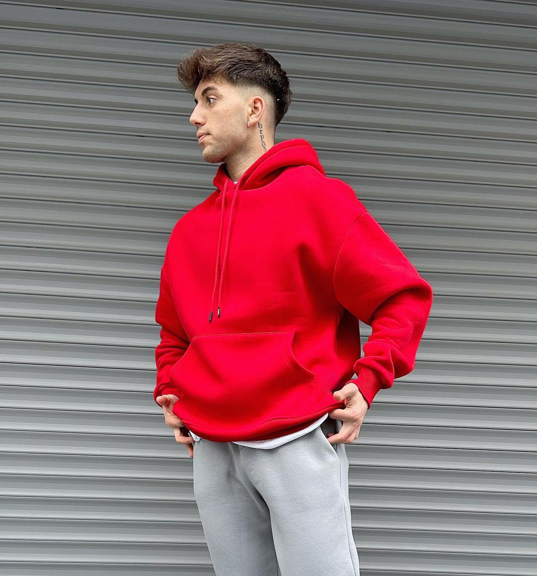 Red "Duck Off" Printed Oversize Hoodie