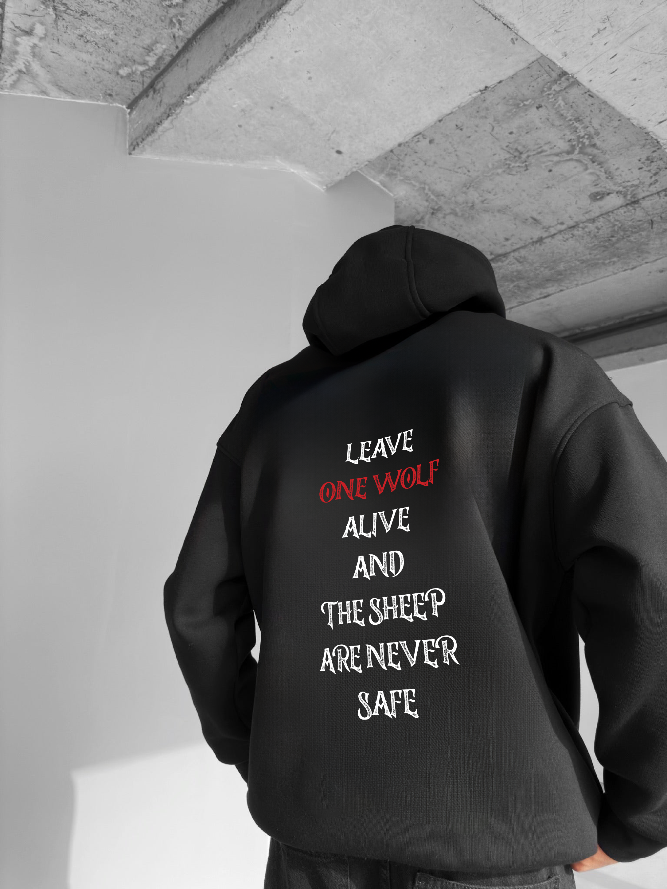 Black "Wolf" Printed Oversize Hoodie
