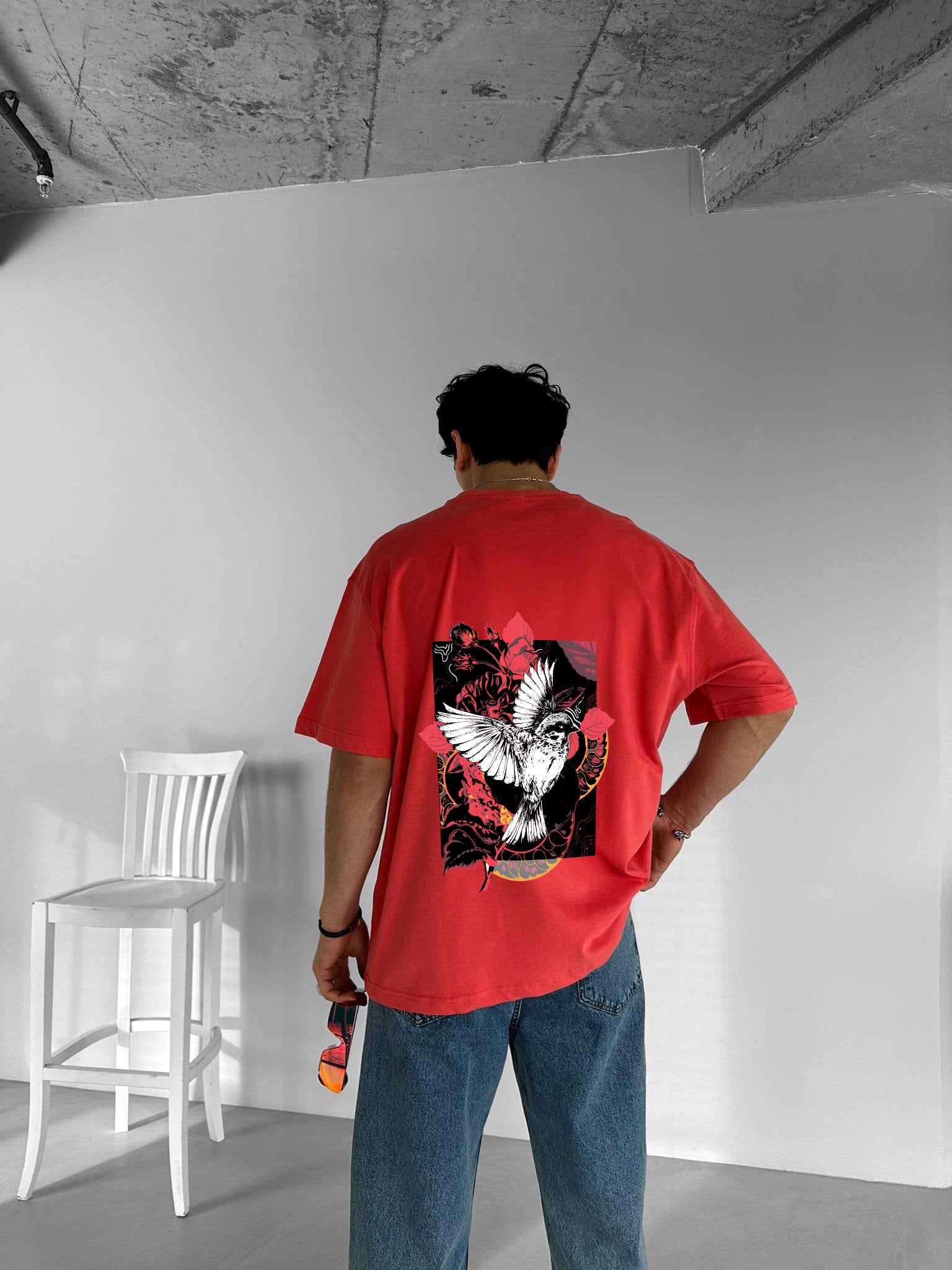 Red "Bird" Printed Over size T-Shirt