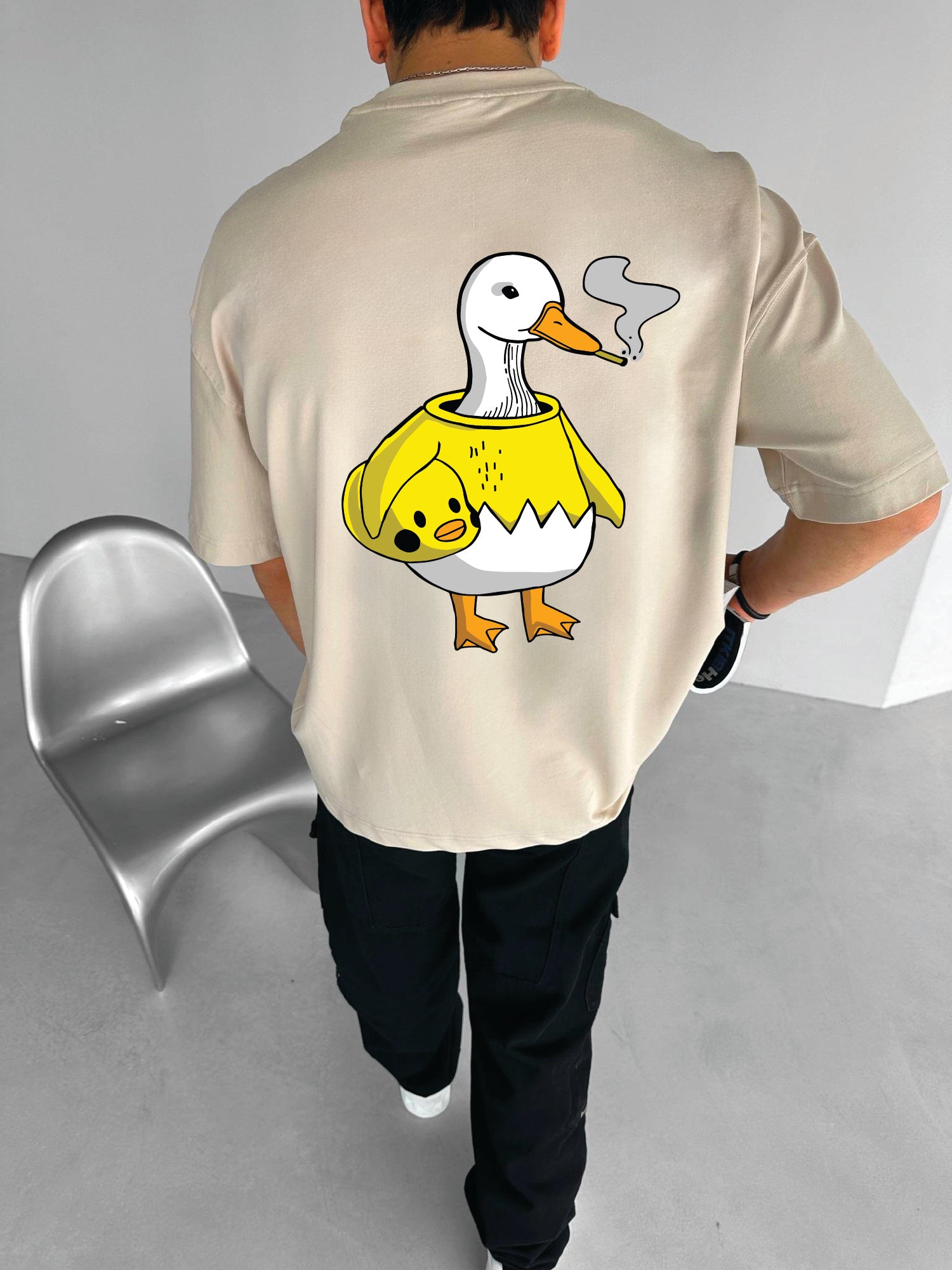 Beige "Bad Duck" Printed Over size T-Shirt