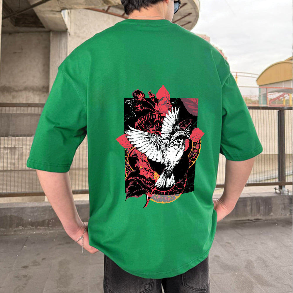 Green "Bird" Printed Over size T-Shirt