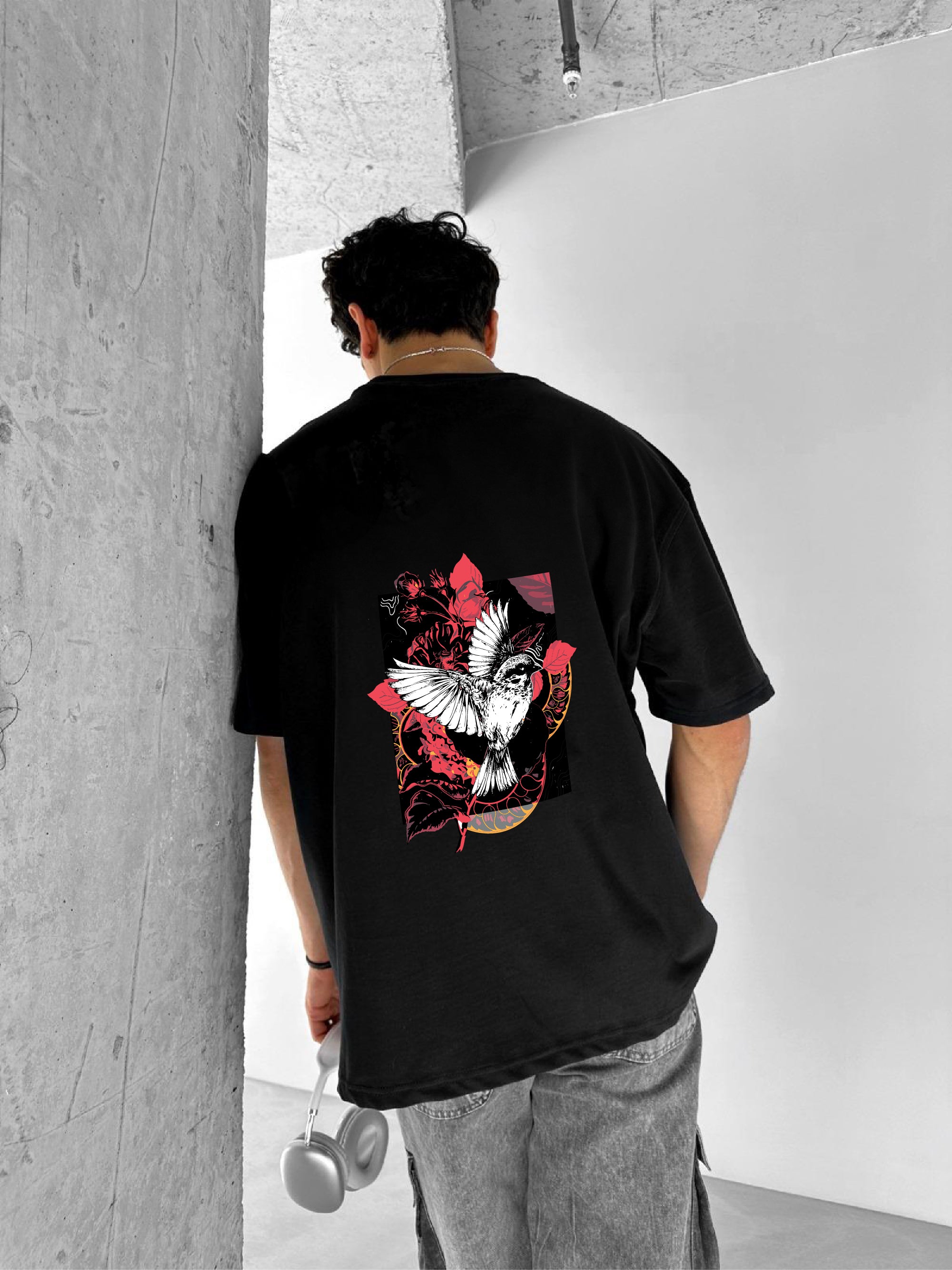 Black "Bird" Printed Over size T-Shirt