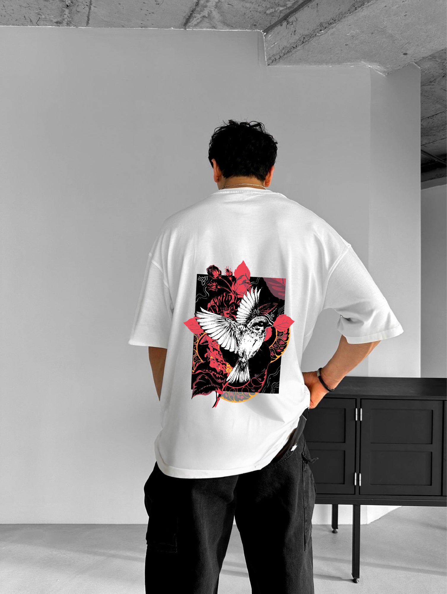 White "Bird" Printed Over size T-Shirt