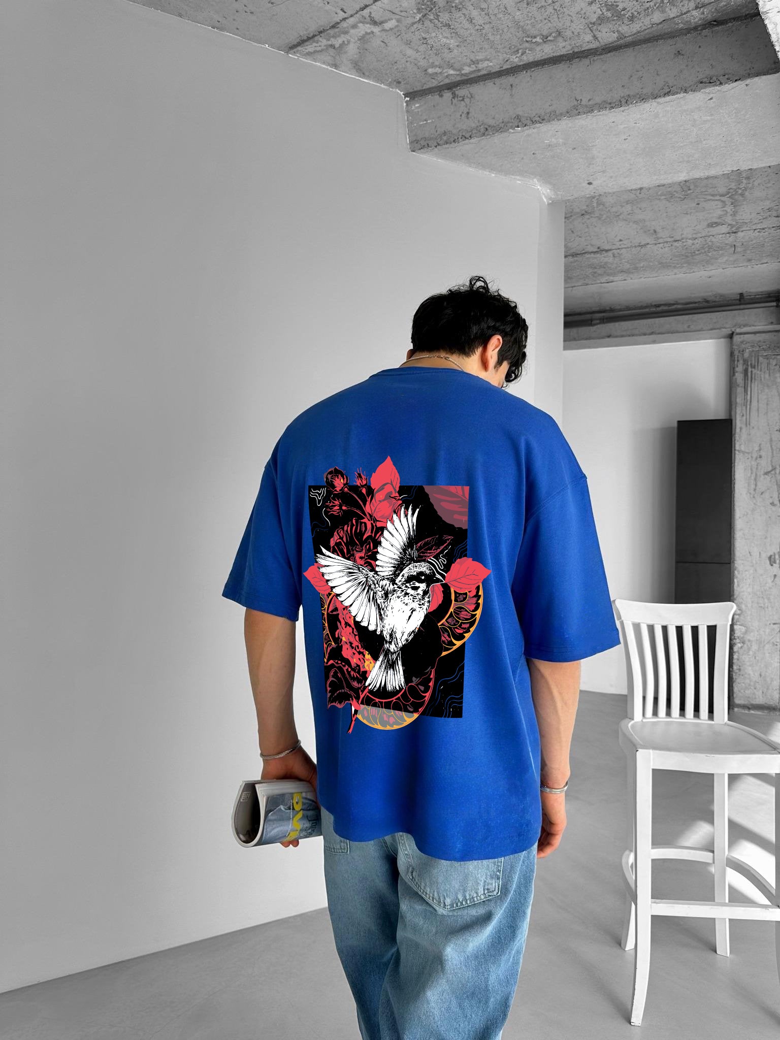 Blue "Bird" Printed Over size T-Shirt