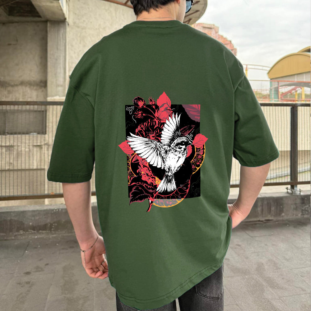Army Green "Bird" Printed Over size T-Shirt