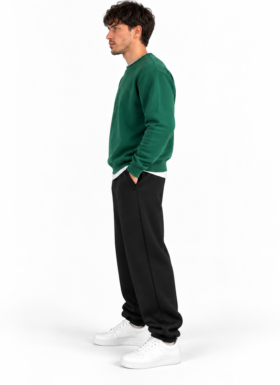 Dark Green Oversize Black Crew Neck Basic Sweatshirt