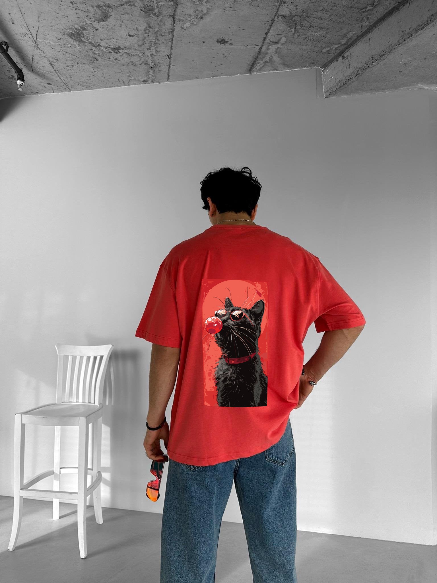 Red "Cool Cat" Printed Over size T-Shirt