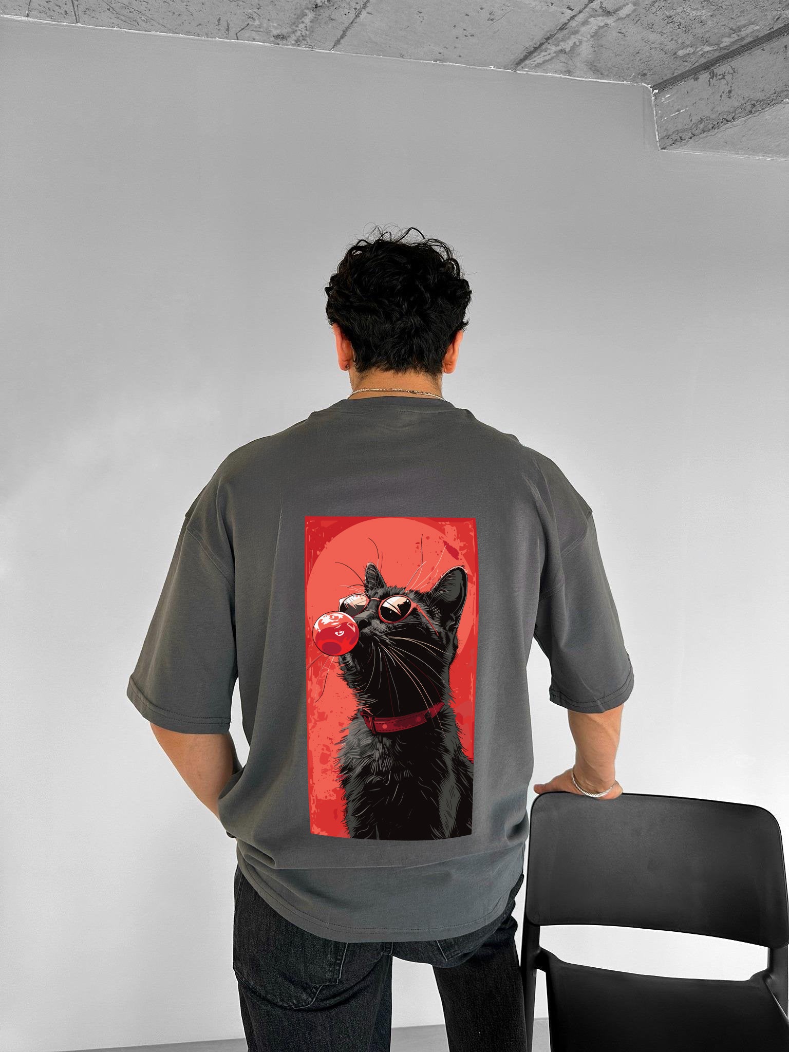 Smoke "Cool Cat" Printed Over size T-Shirt