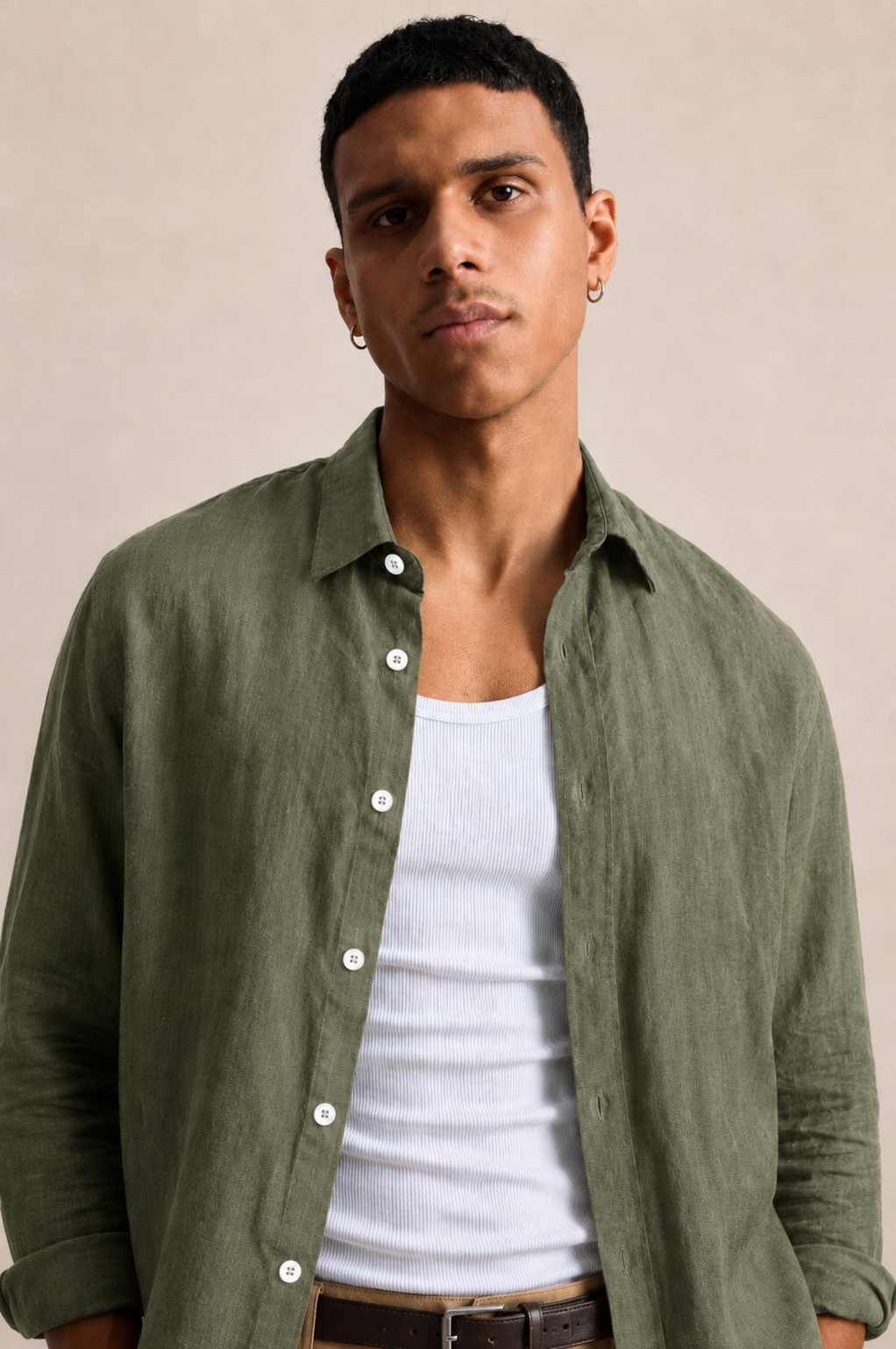 Long-Sleeve Linen Shirt Army Green