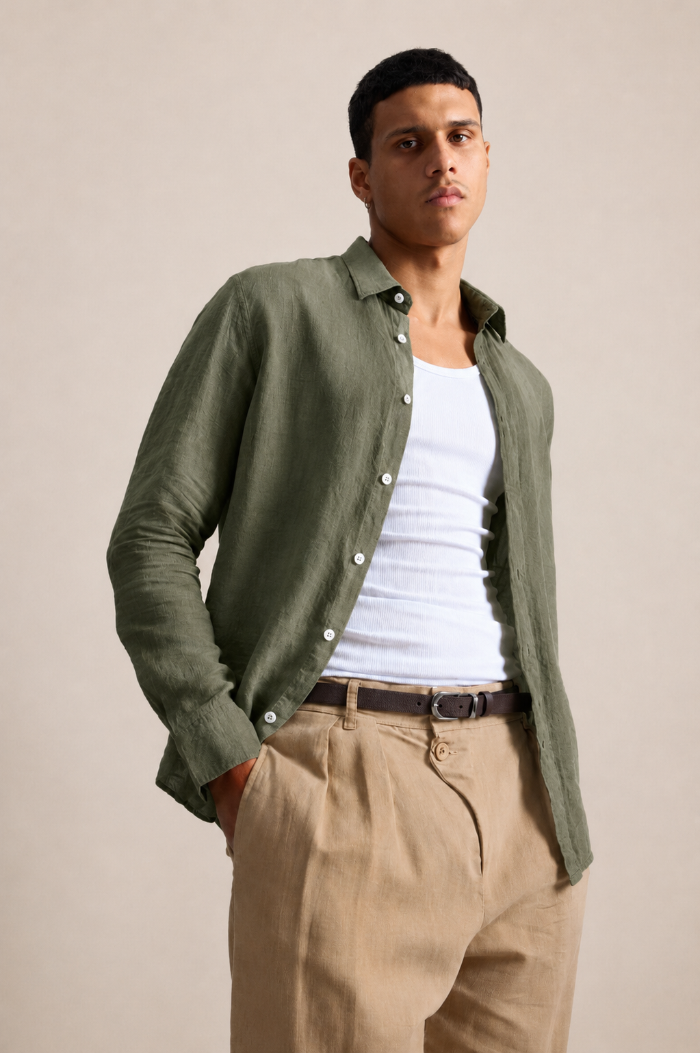 Long-Sleeve Linen Shirt Army Green