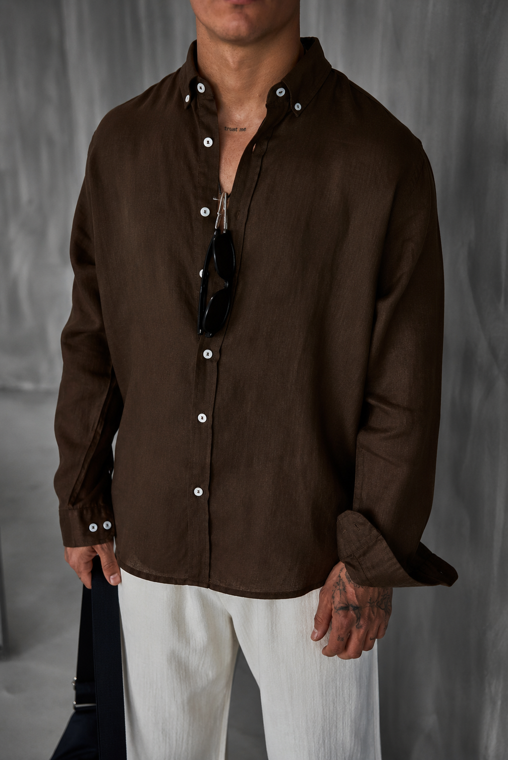 Long-Sleeve  Linen Shirt Brown