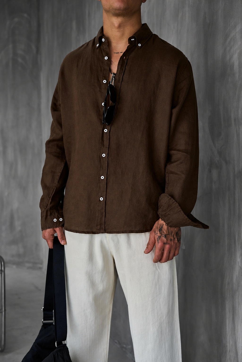 Long-Sleeve  Linen Shirt Brown