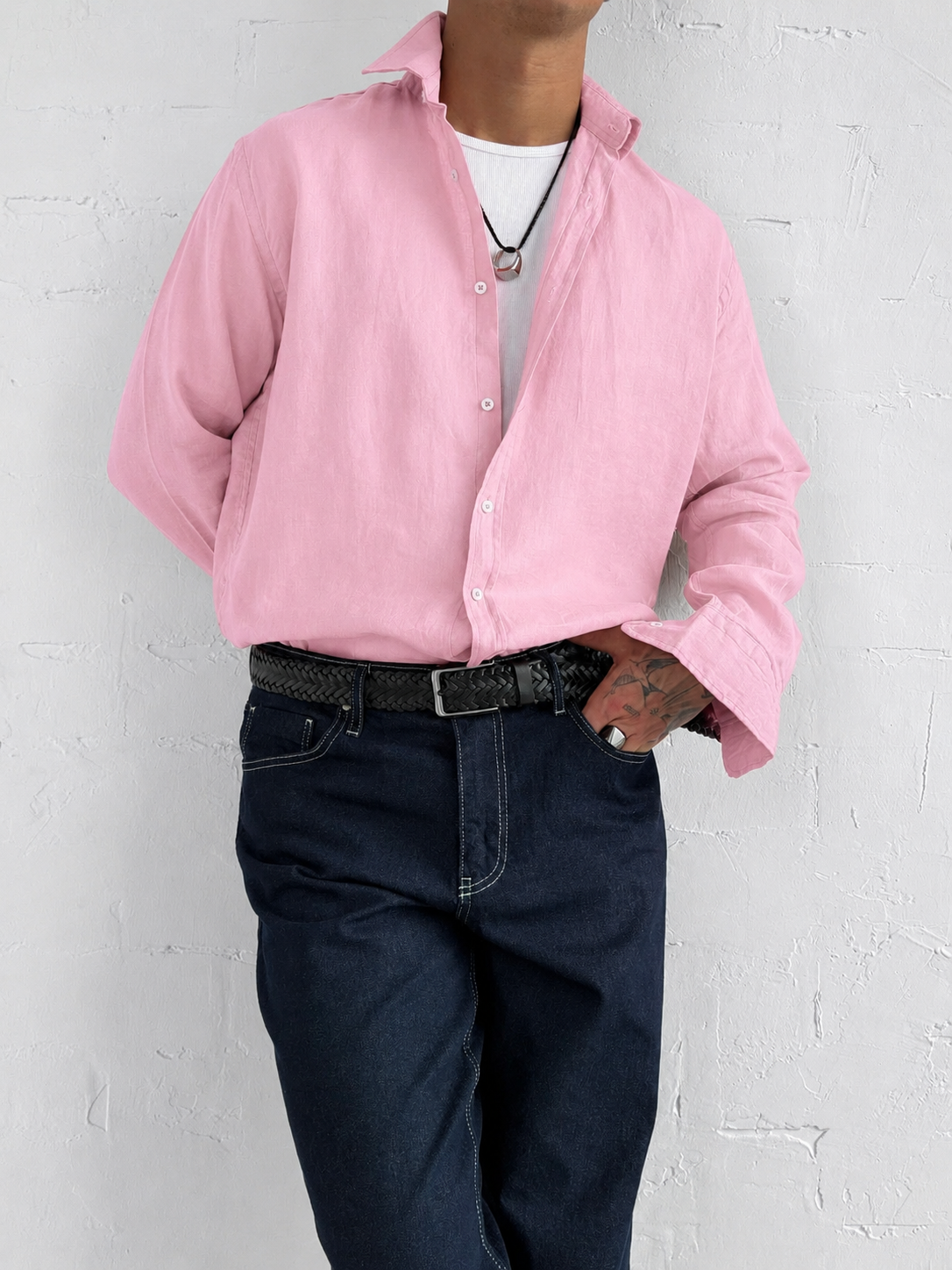 Long-Sleeve Linen Shirt Light Pink