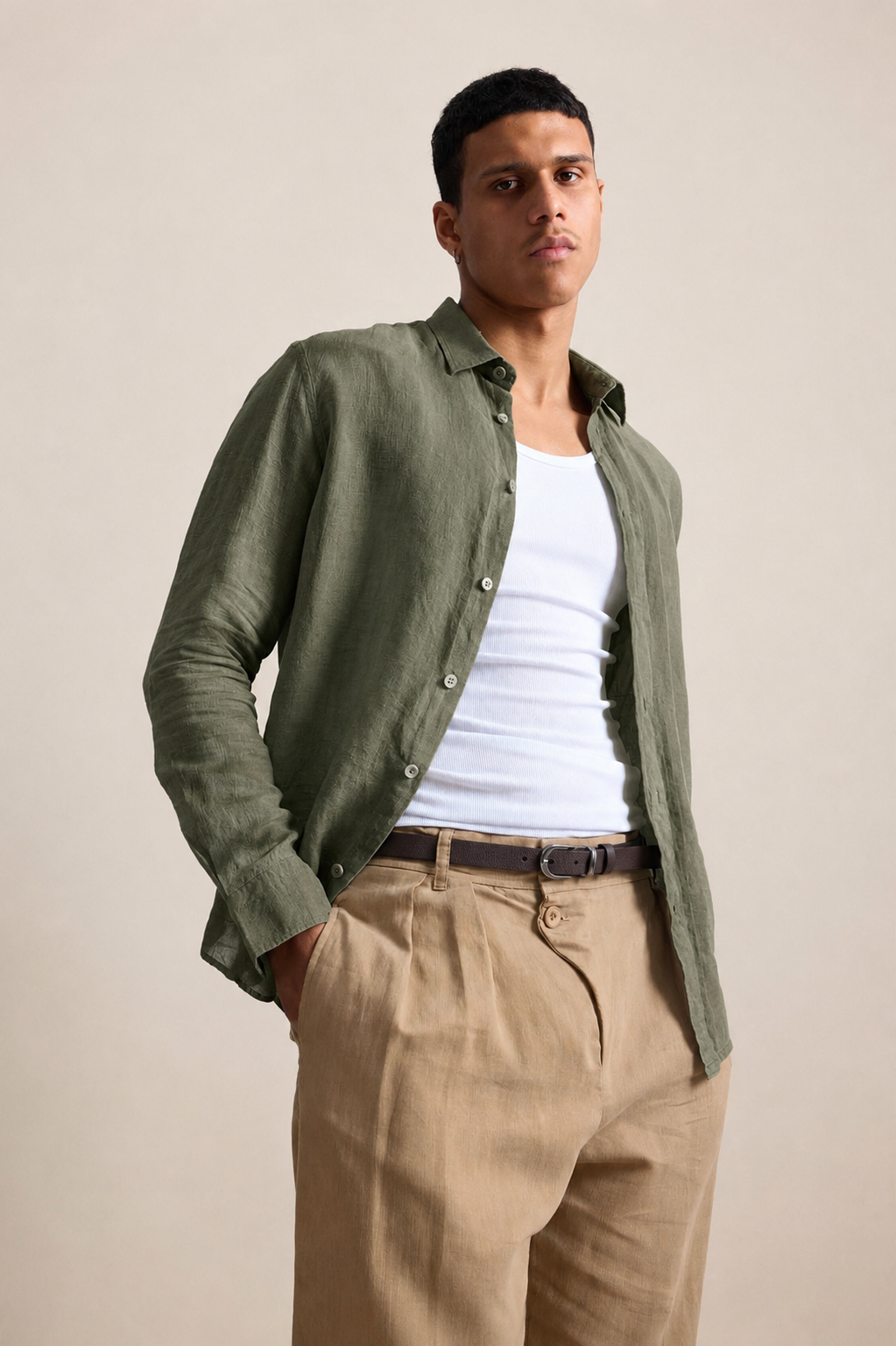 Long-Sleeve Linen Shirt Army Green