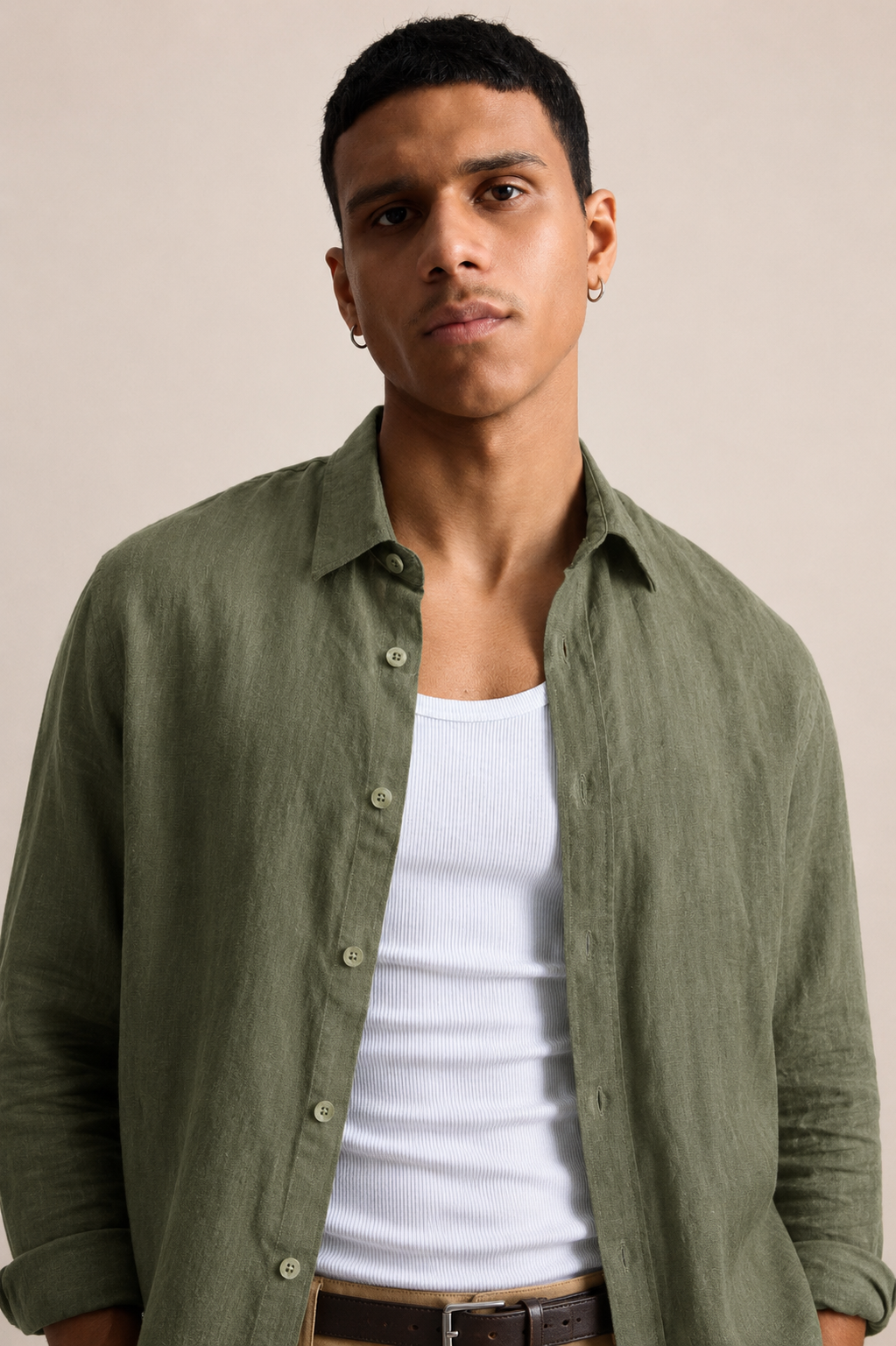 Long-Sleeve Linen Shirt Army Green