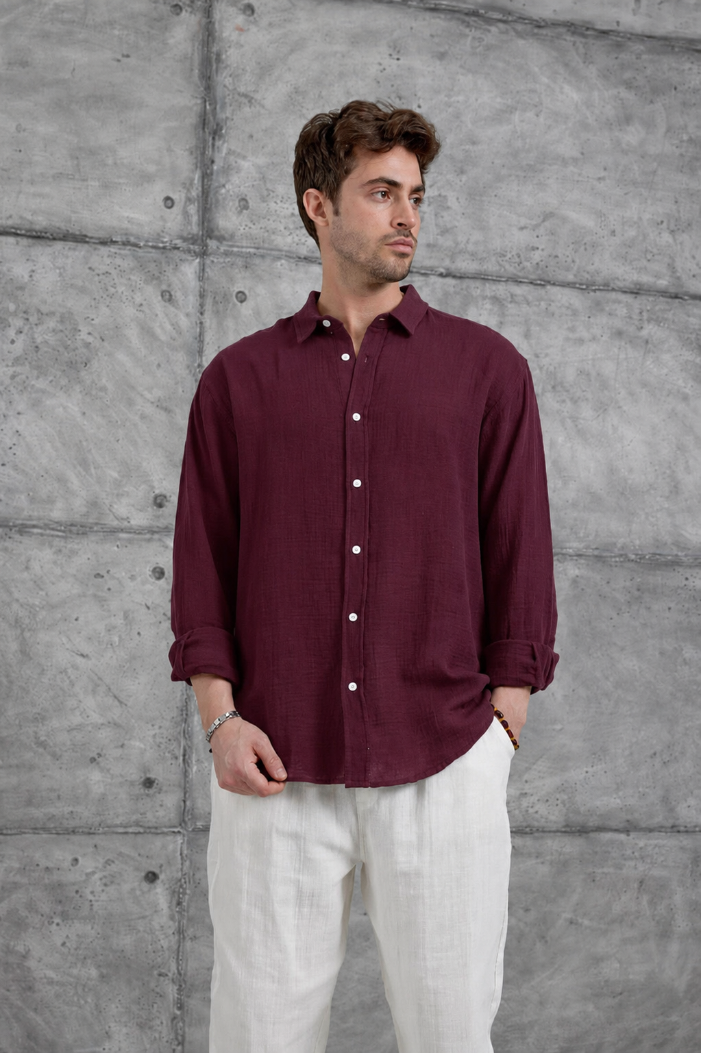 Long-Sleeve Linen Shirt Burgundy