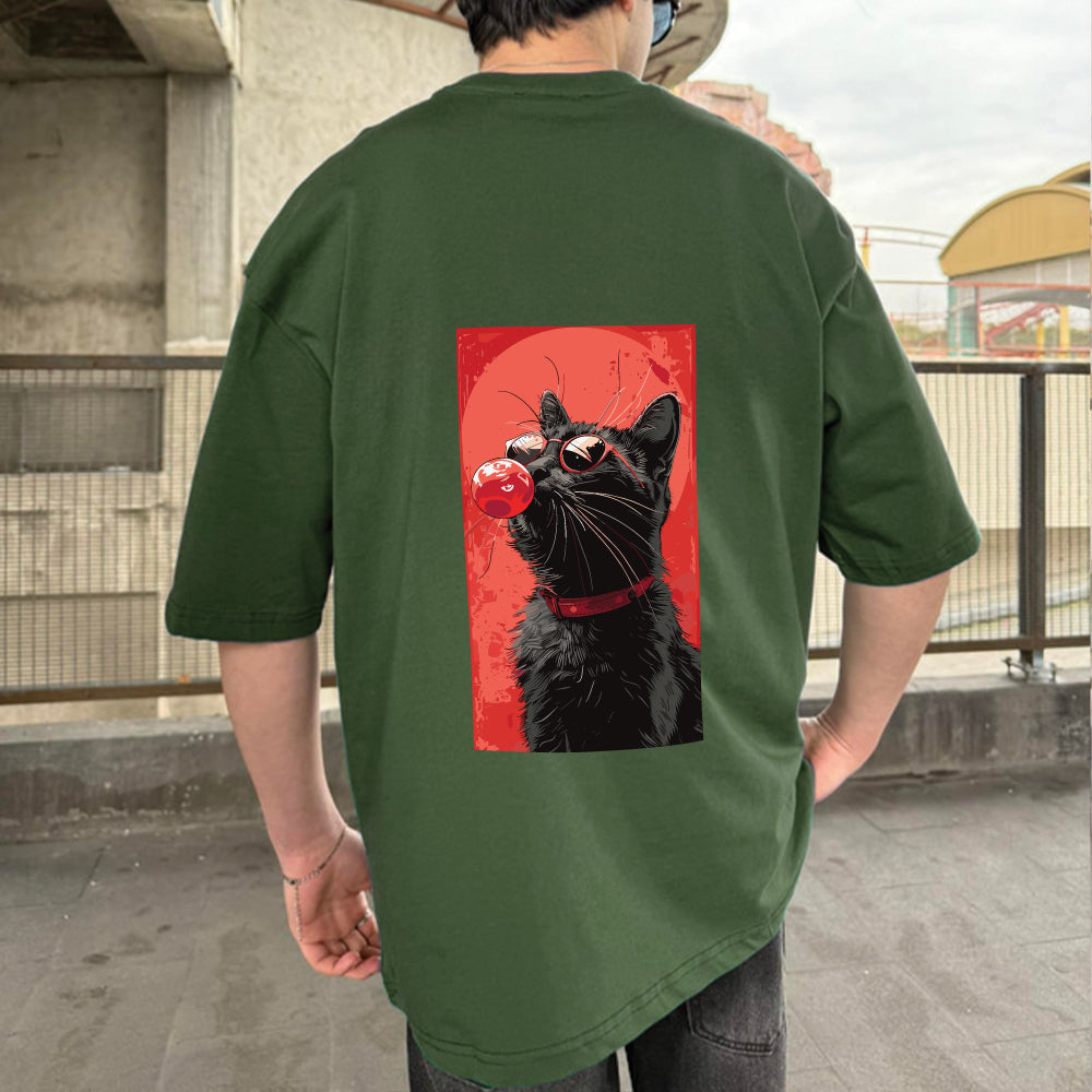 Army Green "Cool Cat" Printed Over size T-Shirt