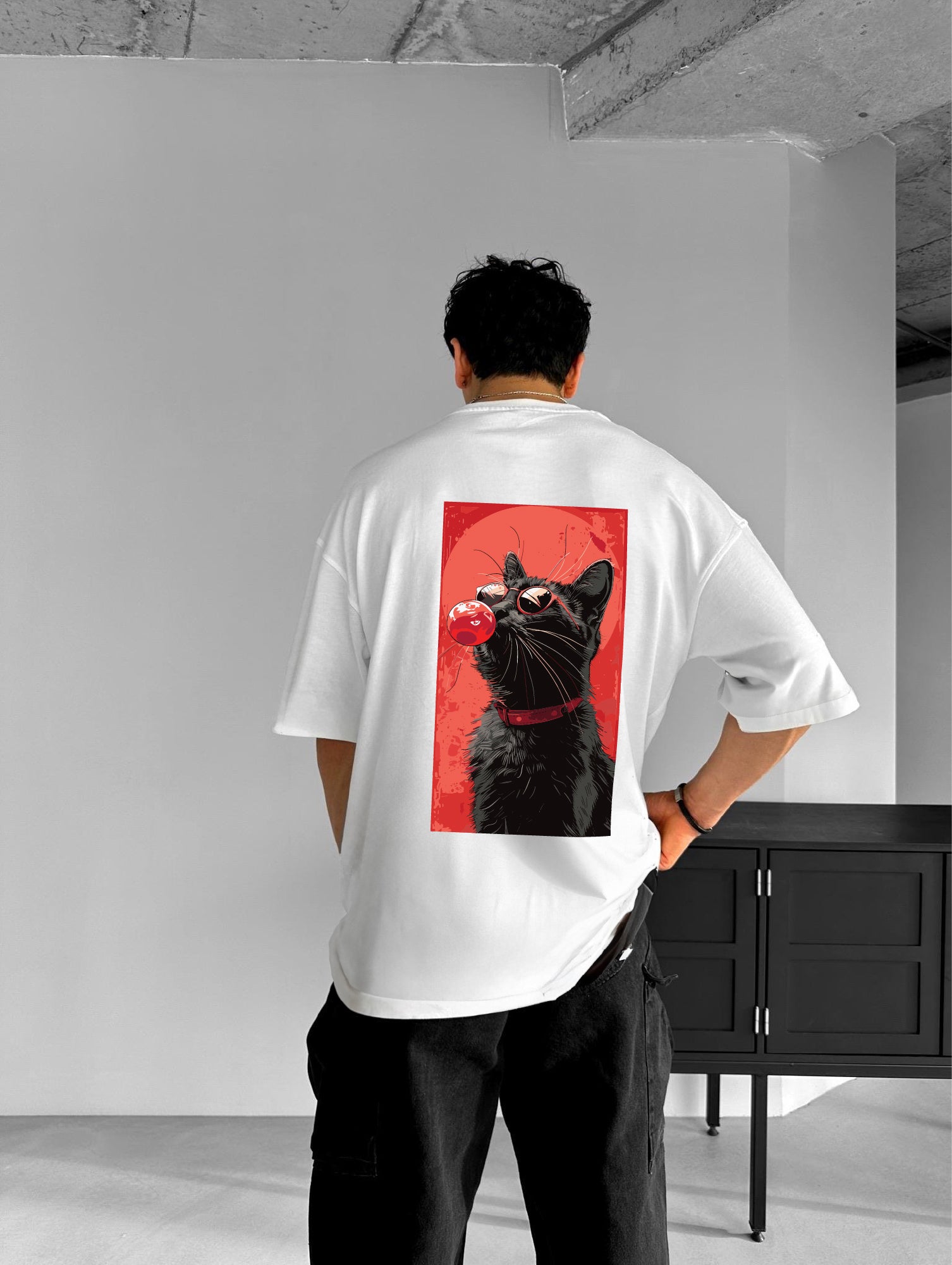 White "Cool cat" Printed Over size T-Shirt
