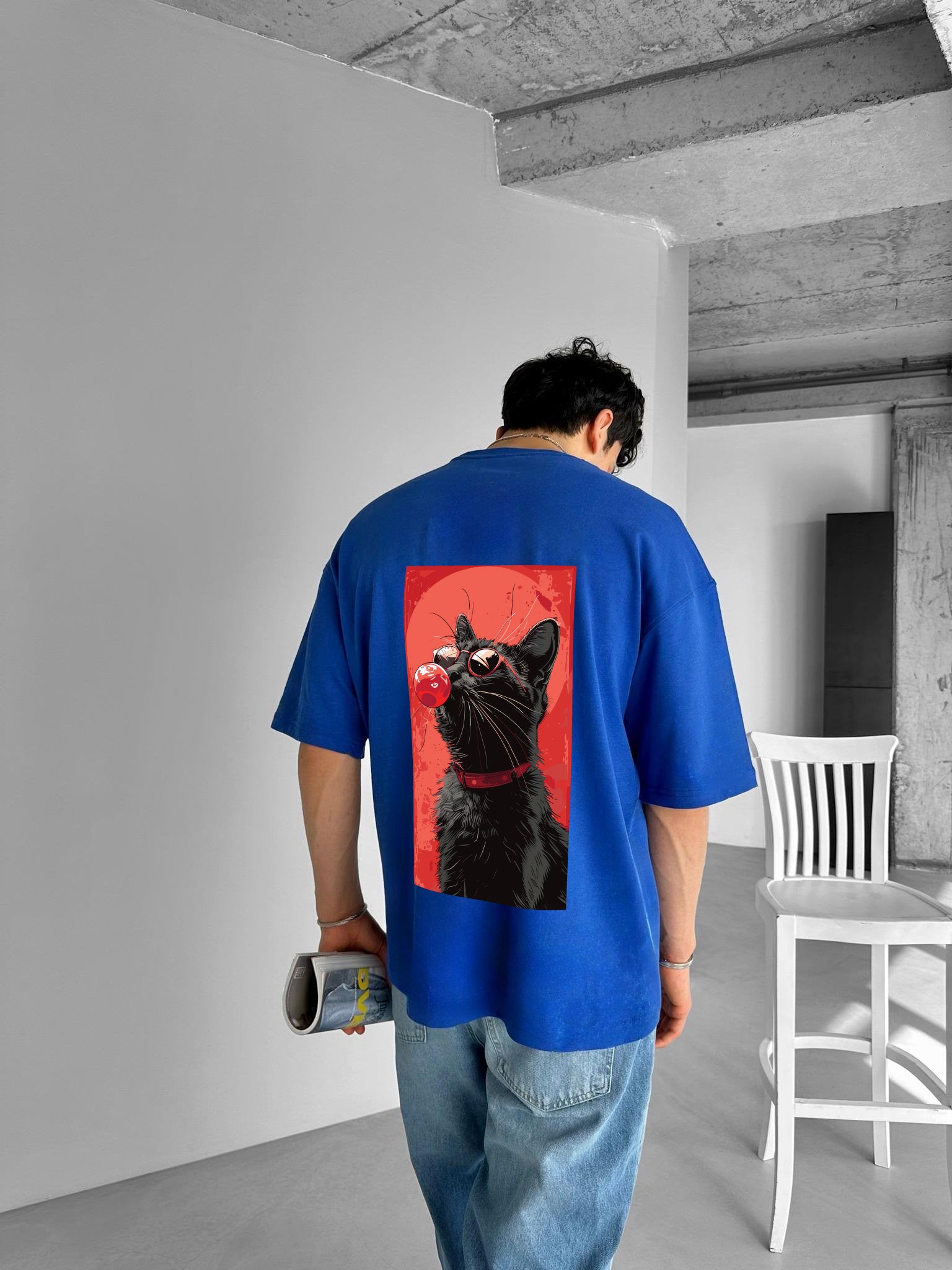 Blue "Cool cat" Printed Over size T-Shirt