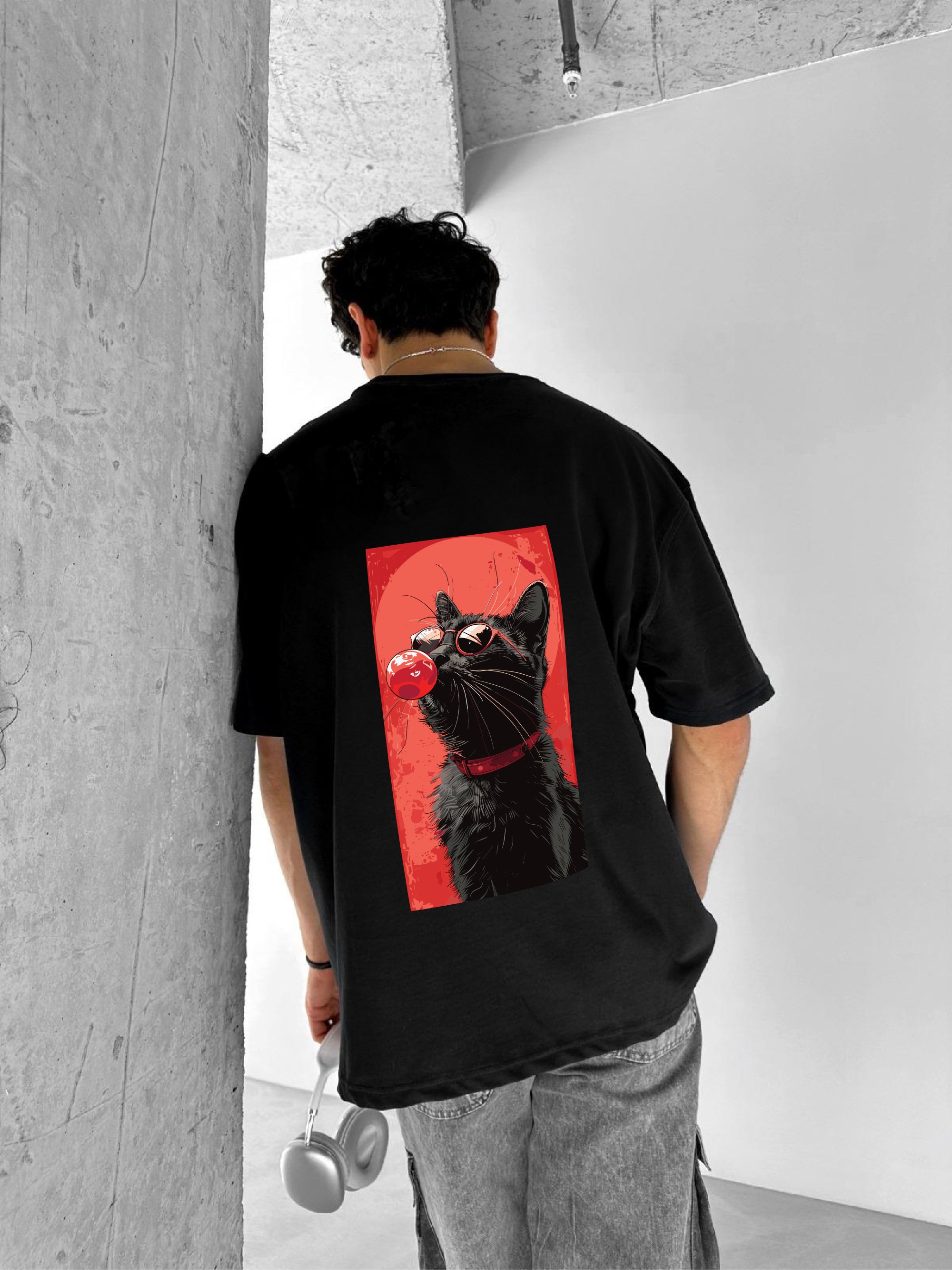 Black "Cool Cat" Printed Over size T-Shirt