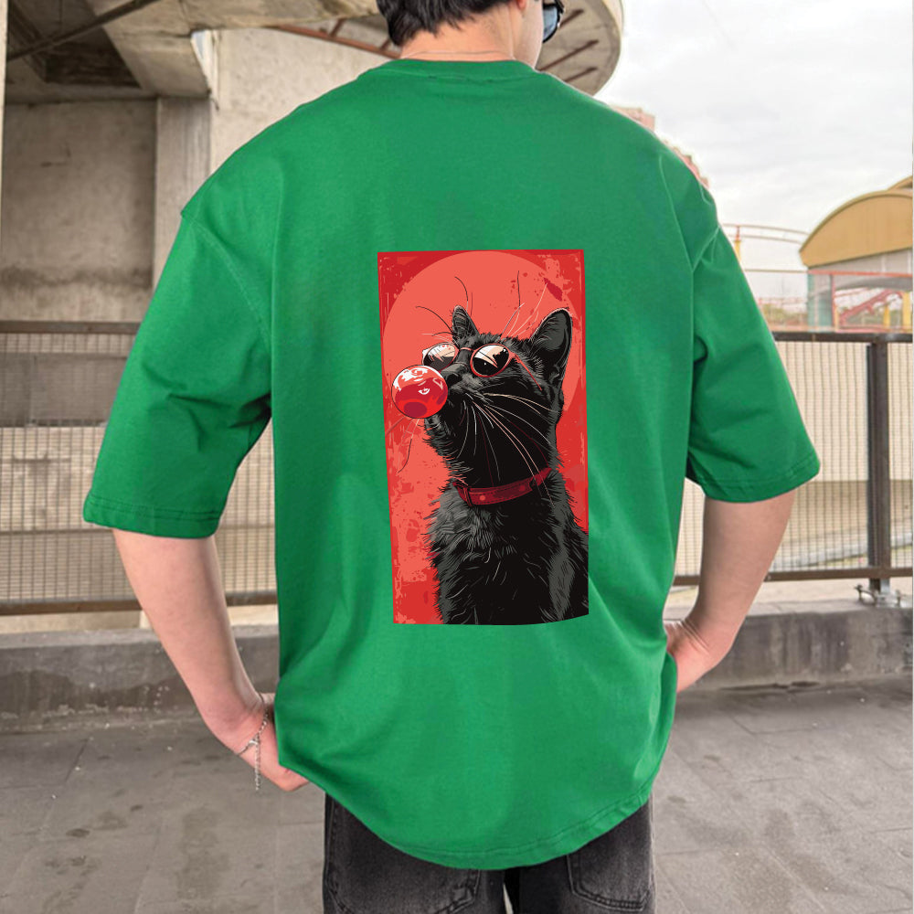 Green "Cool Cat" Printed Over size T-Shirt